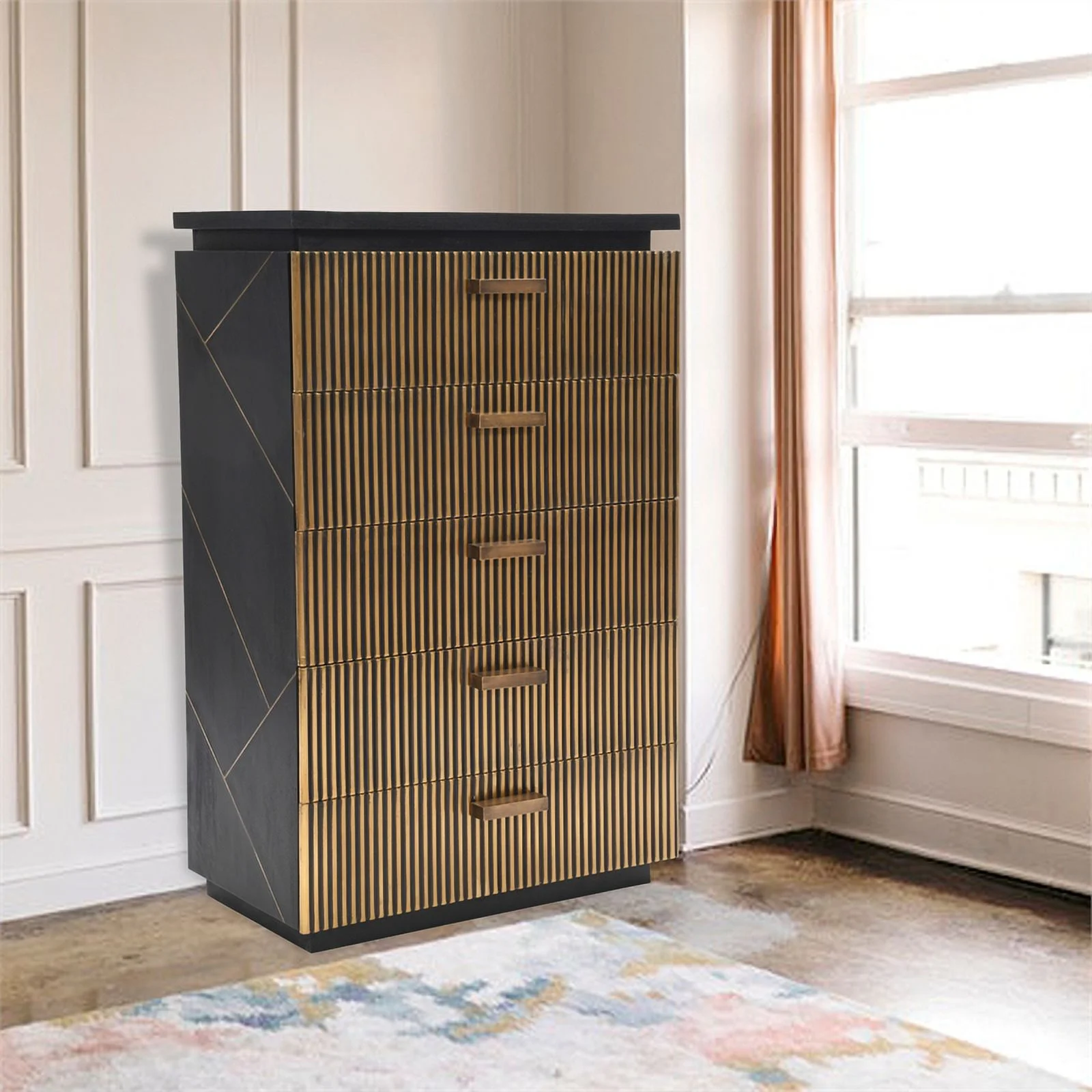 Allure Modern Style 5-Drawer Chest Made with Wood in Black/Gold
