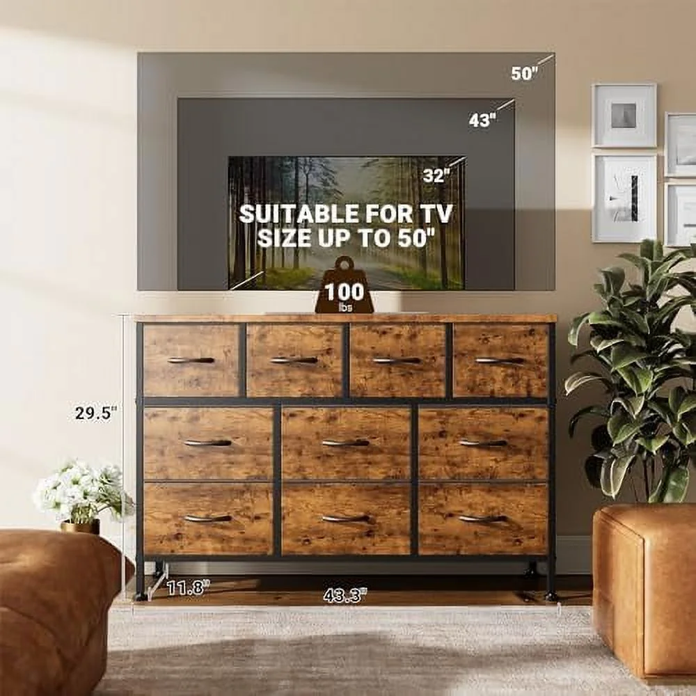 Dresser TV Stand with Power Outlet 43" Long Dresser for Bedroom with 10 Fabric Drawers Chest of Drawers for Living Room Hallway (Black Wood Veins)