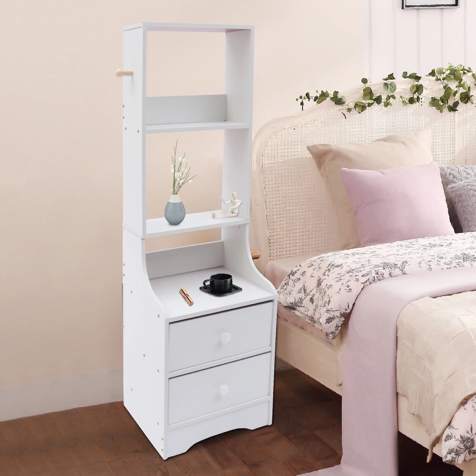 FETCOI Modern Bedroom Nightstand w/ Drawer & Hanging Hook Tall Bed End Table Nightstand (3-Tier White)