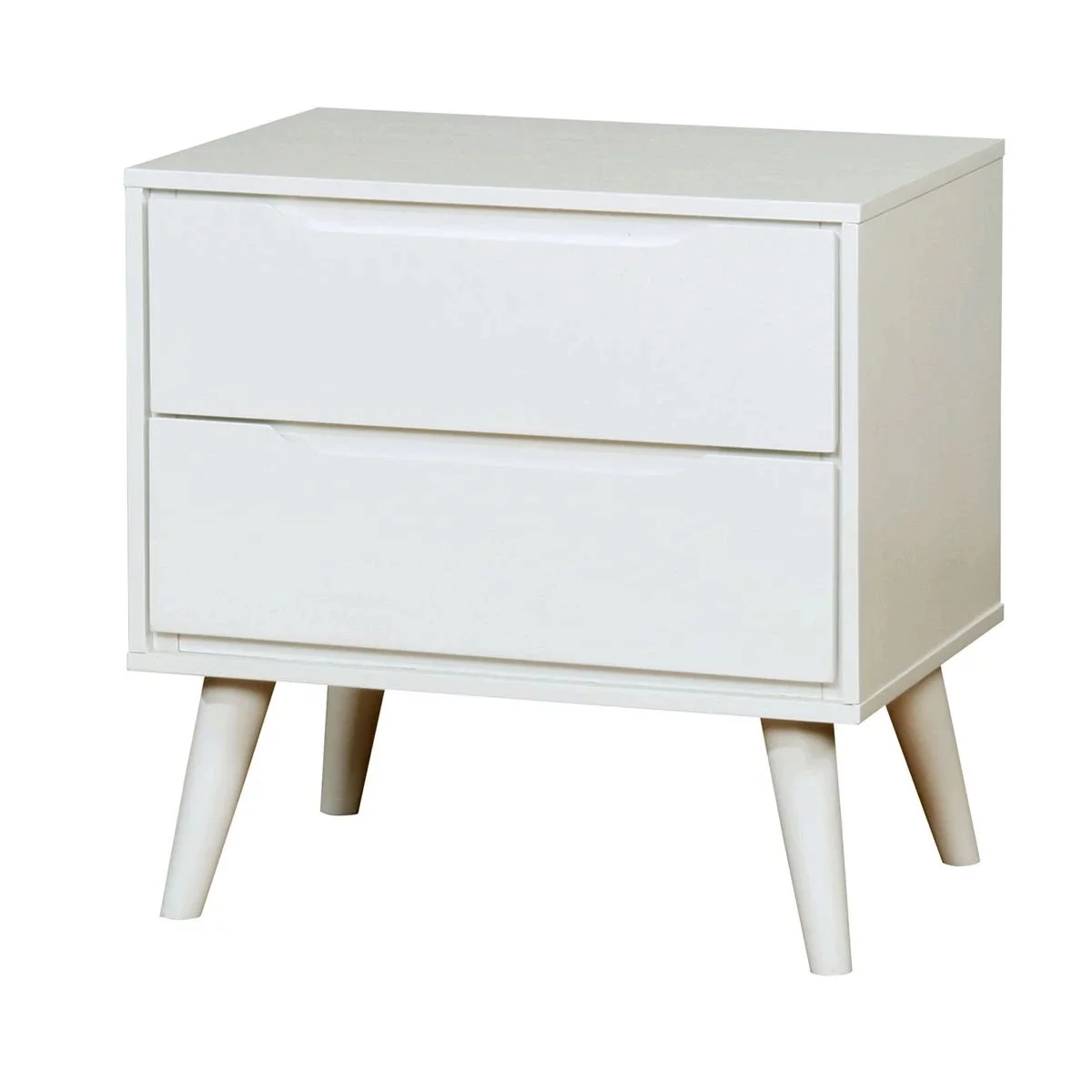 Mid-Century Modern White California King Size Bed 2x Nightstands 3pc Bedroom Set Slats Solid wood Recessed Drawer Handles