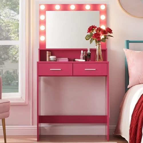 GEROBOOM Vanity Desk with Mirror and Lights Dressing Table with Large Drawer 2 Level Dresser & 3 Lighting Modes Adjustable Brightness Suitable for Bedroom