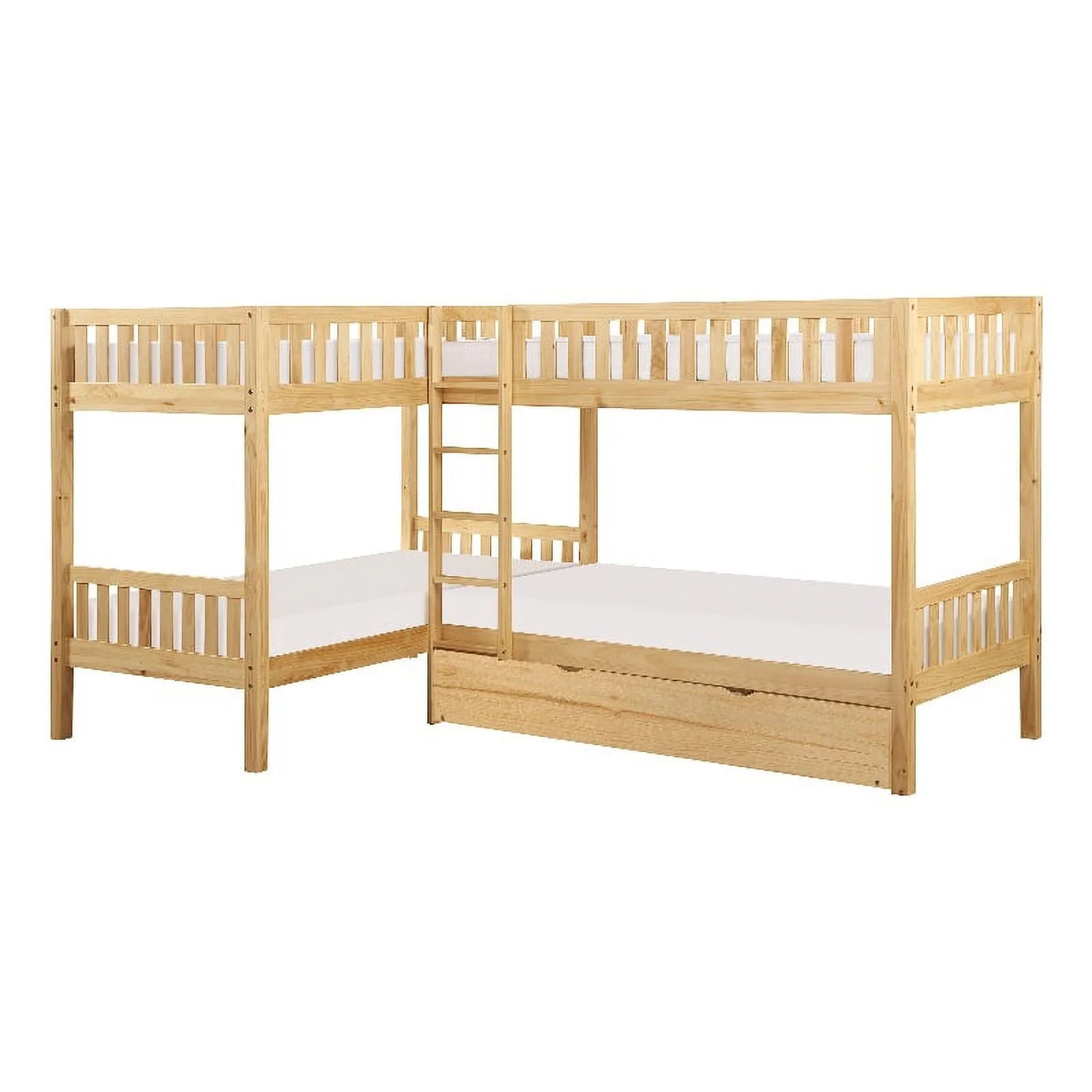 Lexicon Contemporary Wood Corner Bunk Bed with Twin Trundle in Natural Pine