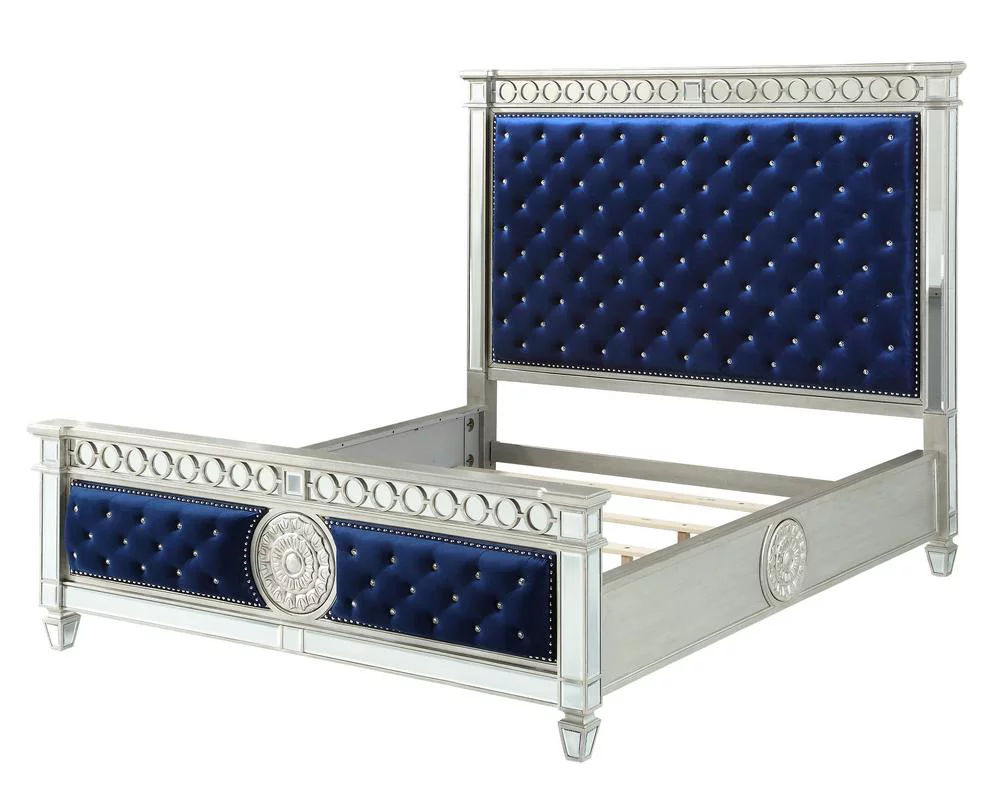 Contemporary Blue Velvet & Mirrored Eastern King Bed by Acme Varian 26147EK