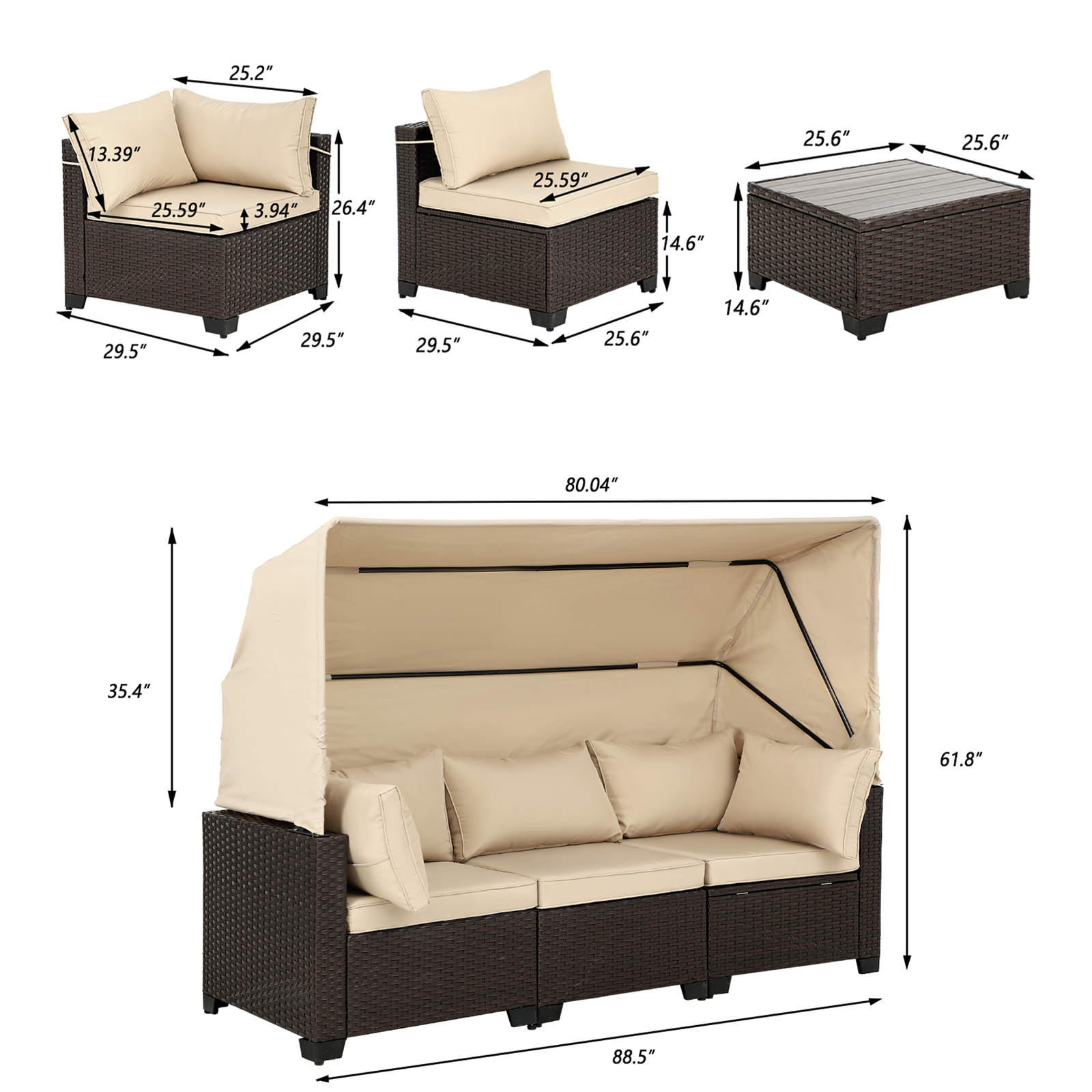 Haverchair Rattan Patio Furniture Set 6 Pieces with Retractable Canopy Wicker Sectional Sofa Set Daybed Outdoor Furniture Set with Adjustable Backrest and Cushions Storage Table,Beige