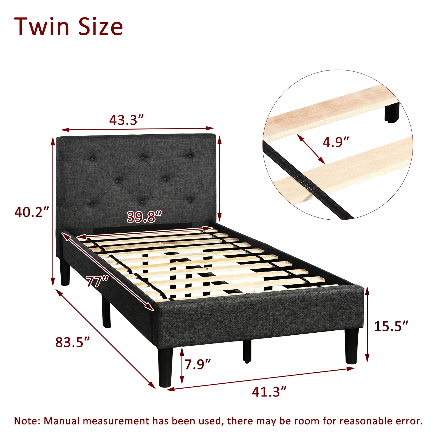 Gray Twin Upholstered Button Tufted Platform Bed with Strong Wood Slat Support