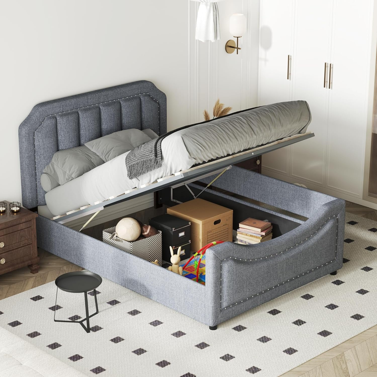 Lift Up Storage Bed With Rail, Lie Platform Bed With Headboard For Kids Boys Girls, Hydraulic Liftig Uder Bed Storage, ailhead Decoratio, Size, Gray