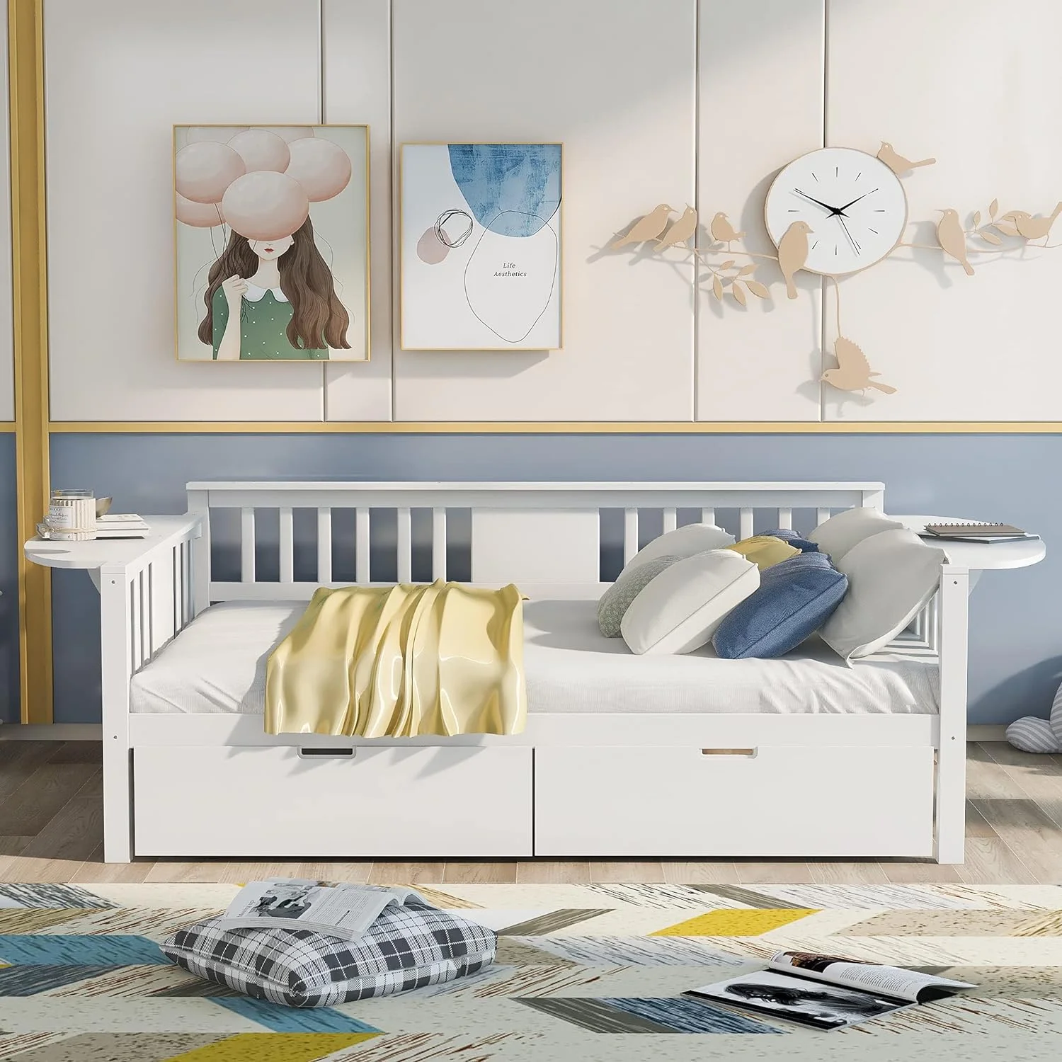 Daybed Wih wo Drawers, Wood Full Size Sofa Bed Frame Wih Small able, Sorage Daybed For Bedroom, Livig Room (Whie,Full Wih Drawers)