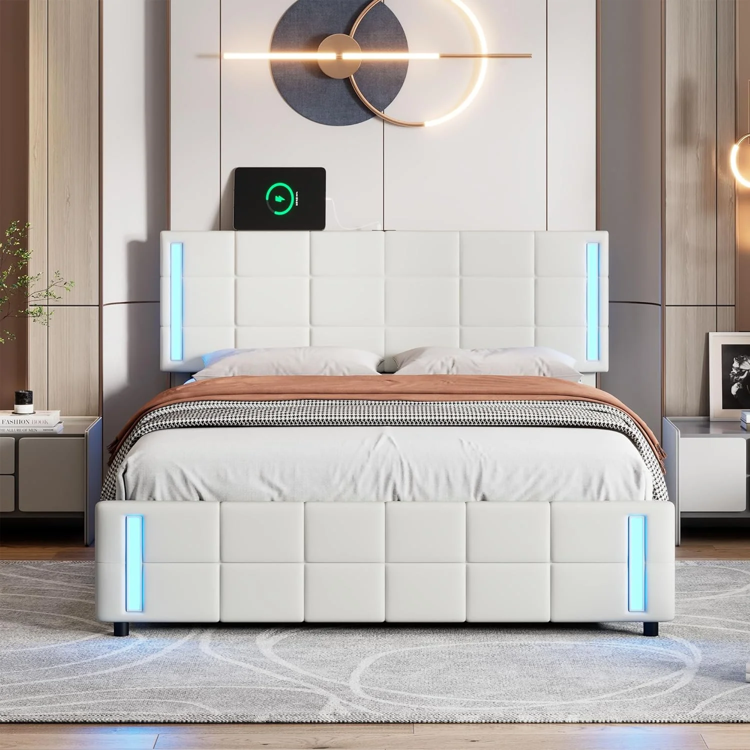 Quee Size Upholstered Platform Bed Frame For Boys Girls Kids Adults Toddler With LED Lights Ad USB Chargig, Storage Bed With 4 Drawers, White