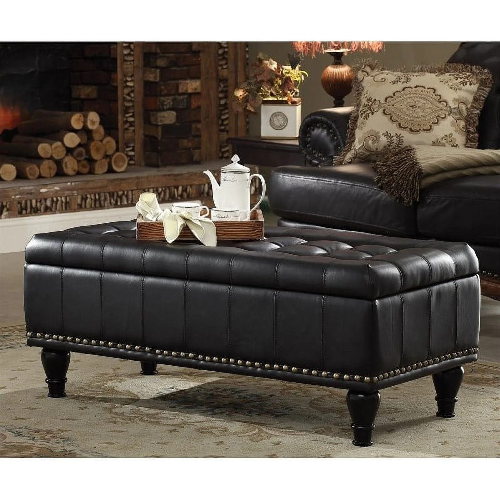 OSP Home Furnishings Caldwell Square Storage Ottoman in Black Bonded Leather with Decorative Nailheads