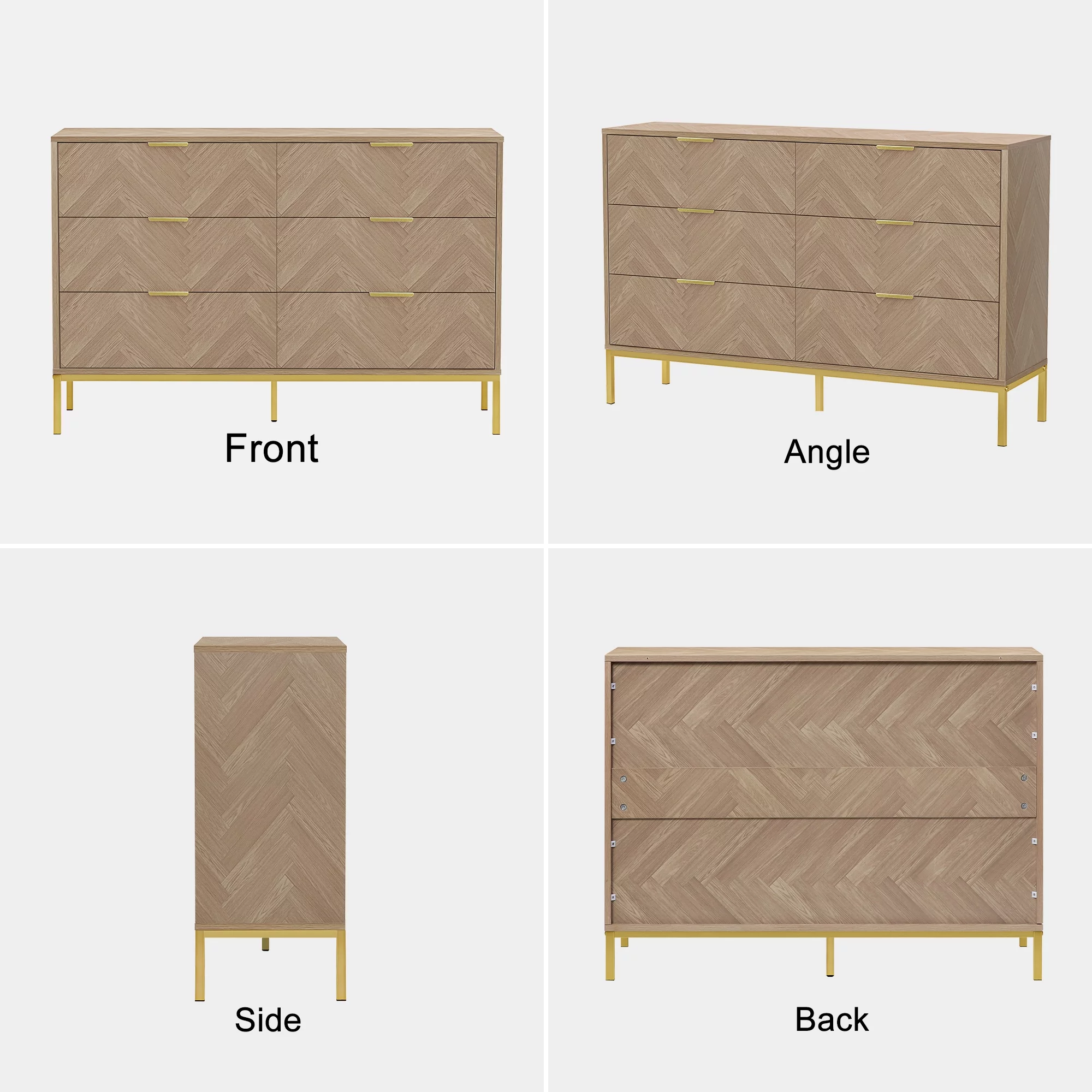 Eumyviv Mid-Century 6-Drawers Dresser Chest, Herringbone Dresser for Bedroom Living Room, Natural Oak H0098