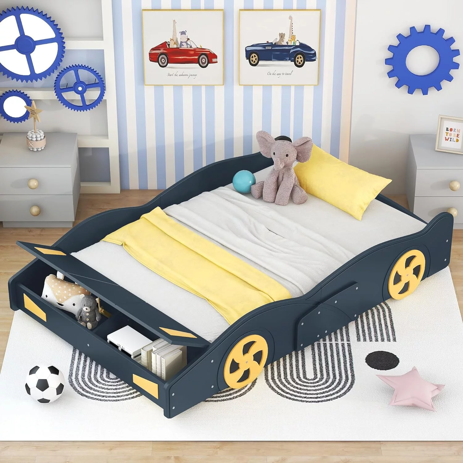 Full Size Race Car-Shaped Platform Bed With Storage Ad Decorative Wheels, Solid Wood Full Bed Frame o Box Sprig Required, Dark Blue+Yellow