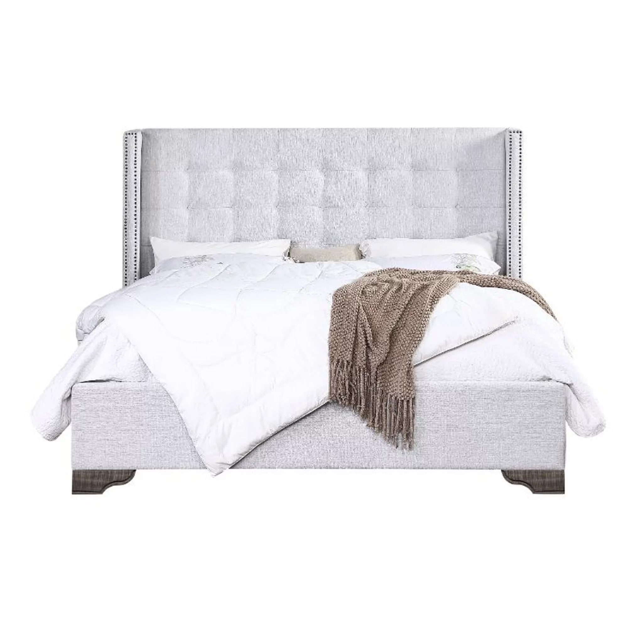Benjara Queen Bed with Full Fabric Upholstery and Tufting, Light Gray