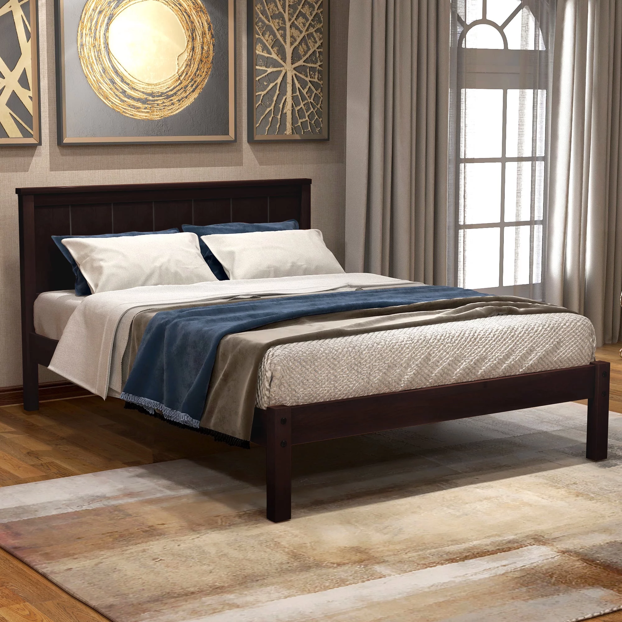 Solid Wood Platform Bed with Headboard No Box Spring Needed and Strong Slat Support Easy Assembly