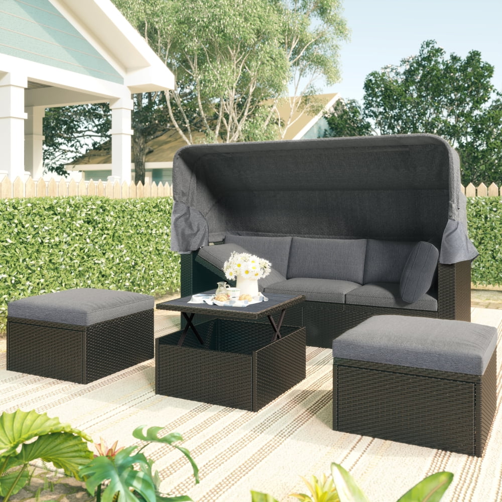 Holaki Outdoor Patio Rectangle Daybed with Retractable Canopy, Wicker Furniture Sectional Seating with Washable Cushions, Gray
