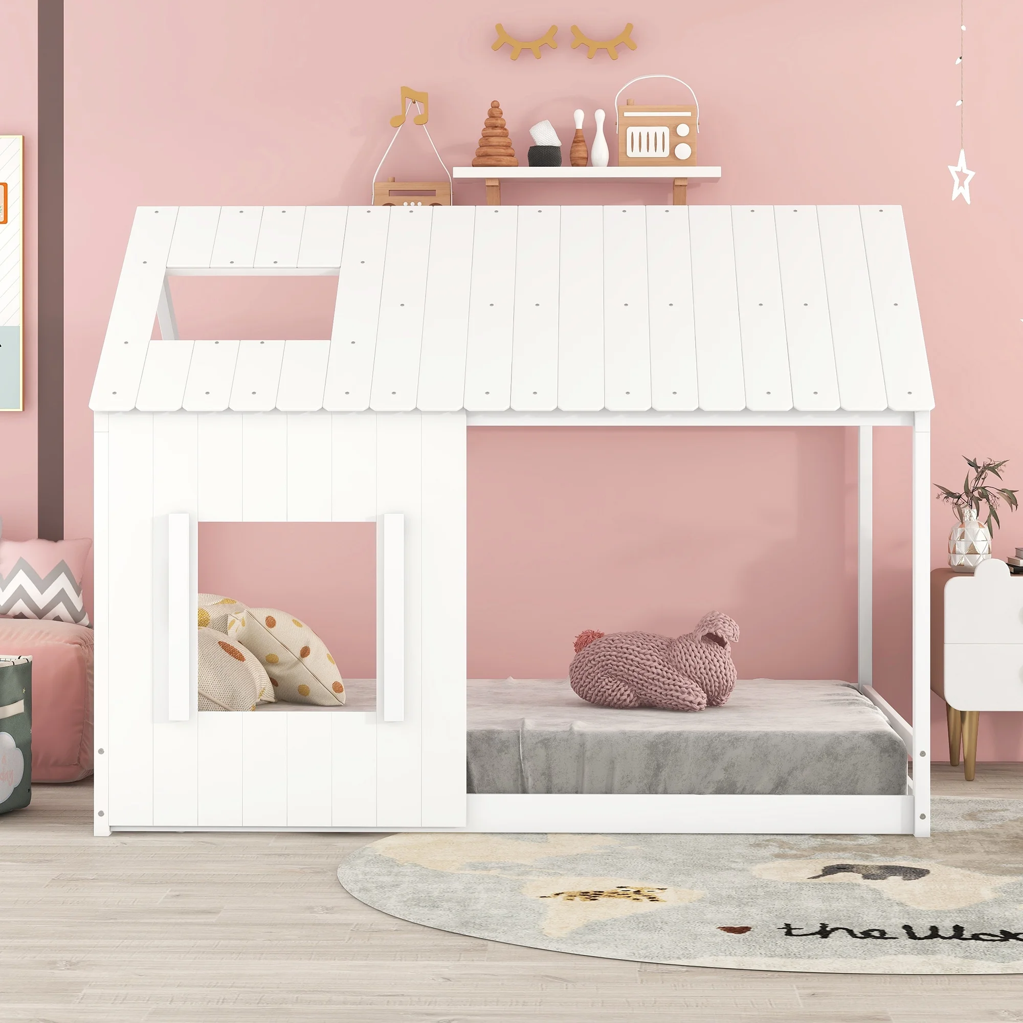Solid & Sturdy Wood Tent Bed with Roof and Window Design for Toddlers, House Beds with Fence, Wood Loft Bed Frame Bedroom Furniture for Girls Boys(White-Full)