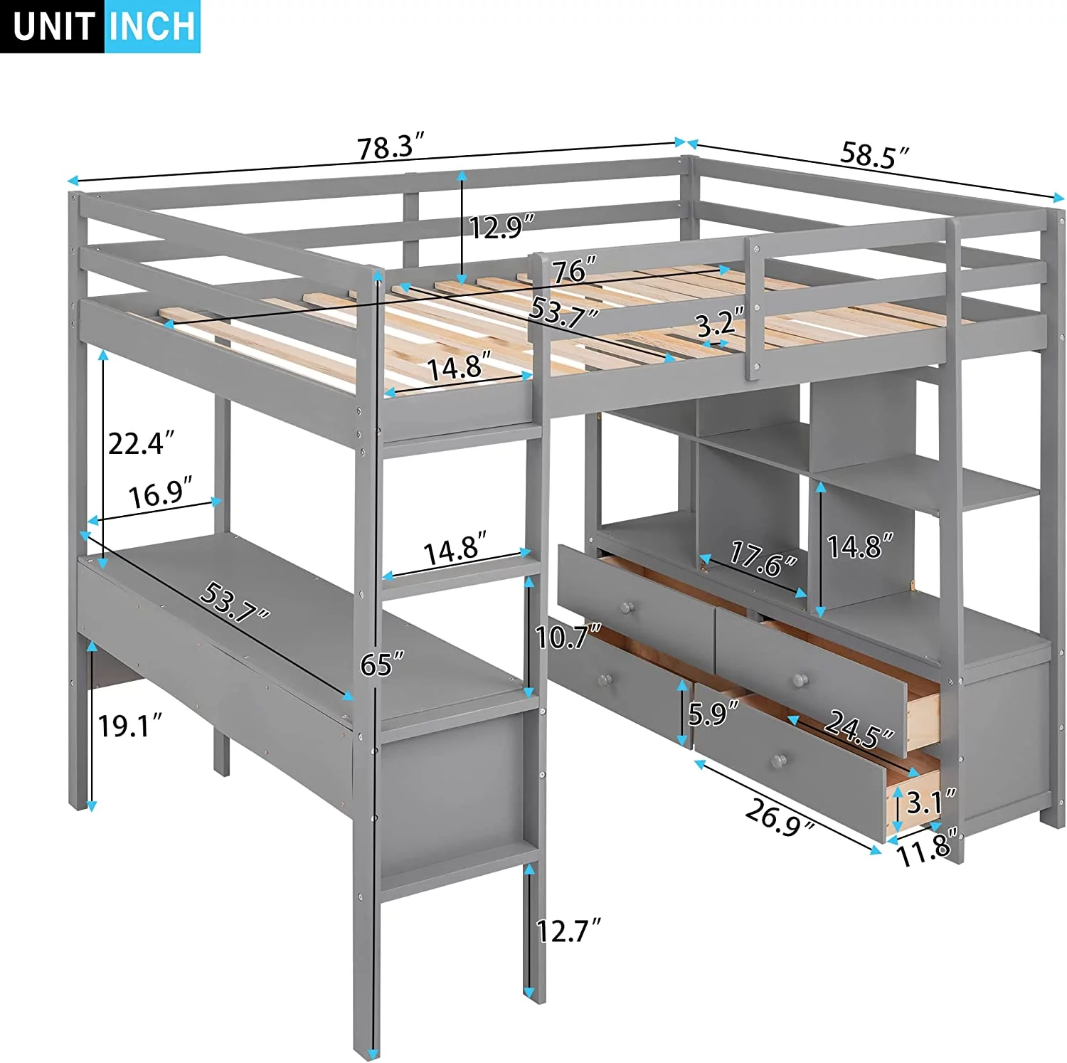 Full Loft Bed With Desk Ad Storage Drawers, Solid Wood Loft Bed Frame With Bookshelf (Full Size, Gray)