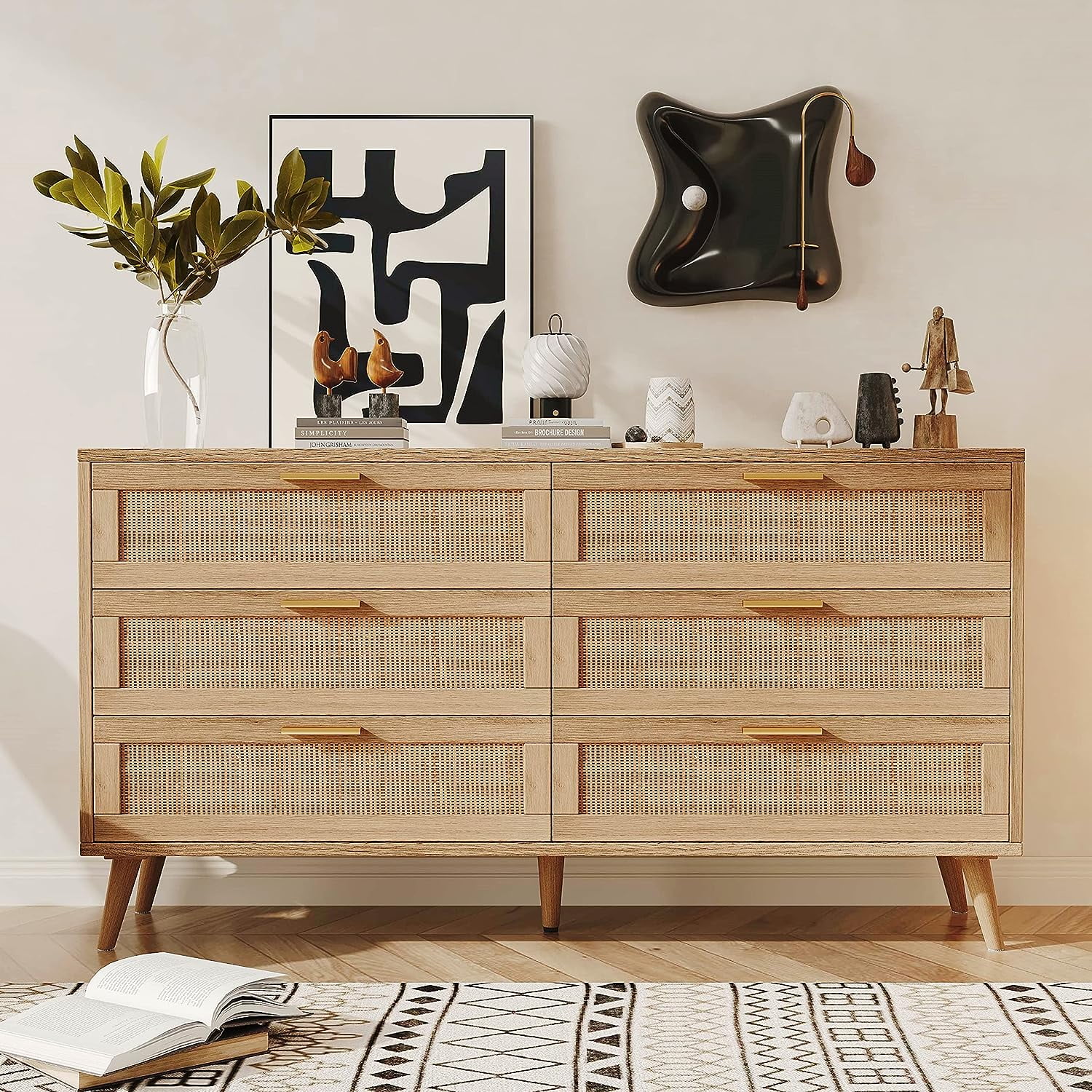 6 DrawerS Double Dresser for Bedroom, with Golden Handles, Beside Table for Closet, Living Room and Entryway, Natural