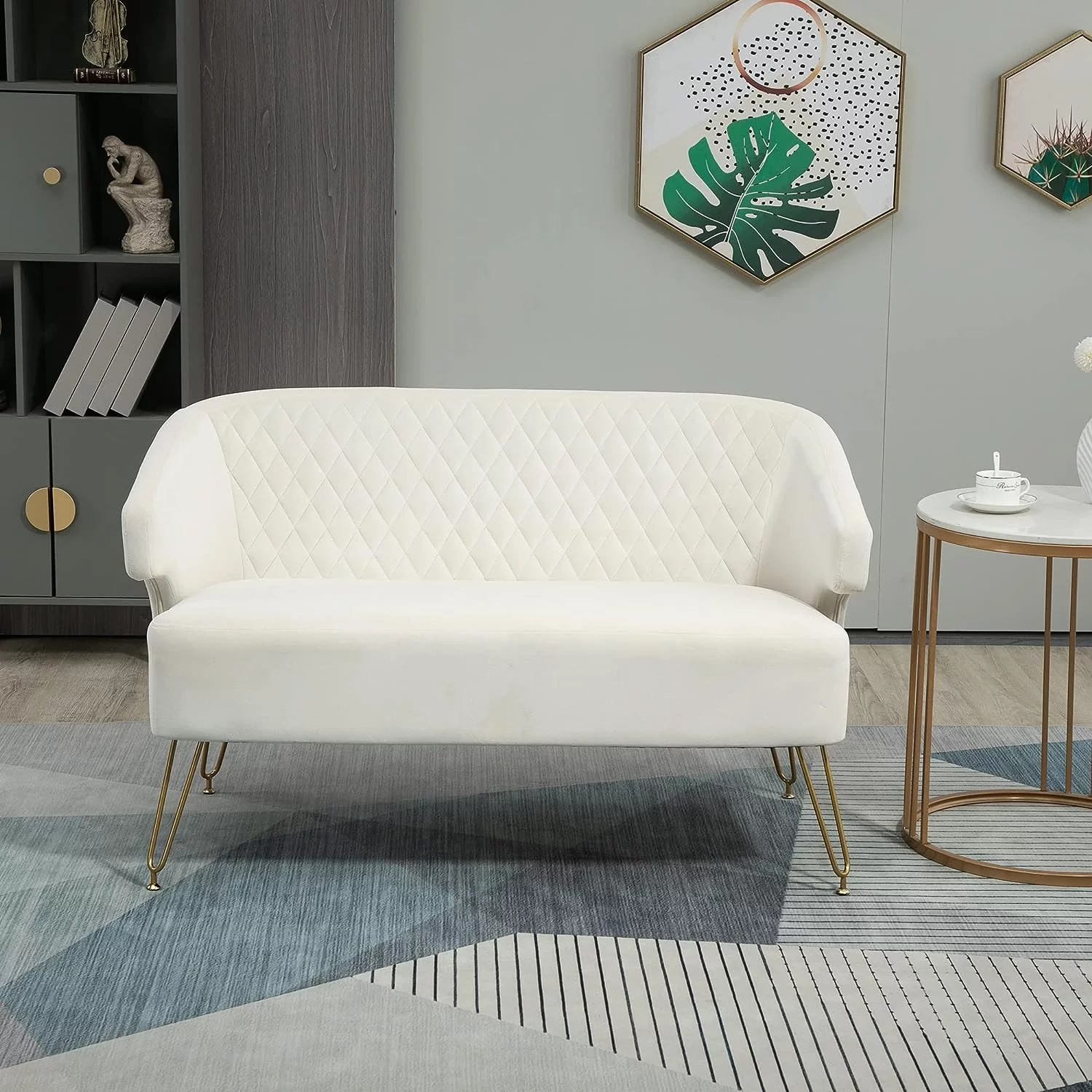 Glavbiku Twin Size Love Seat with Golden Metal Leg,Living Room 2 Seats Sofa with Tufted Backrest,White