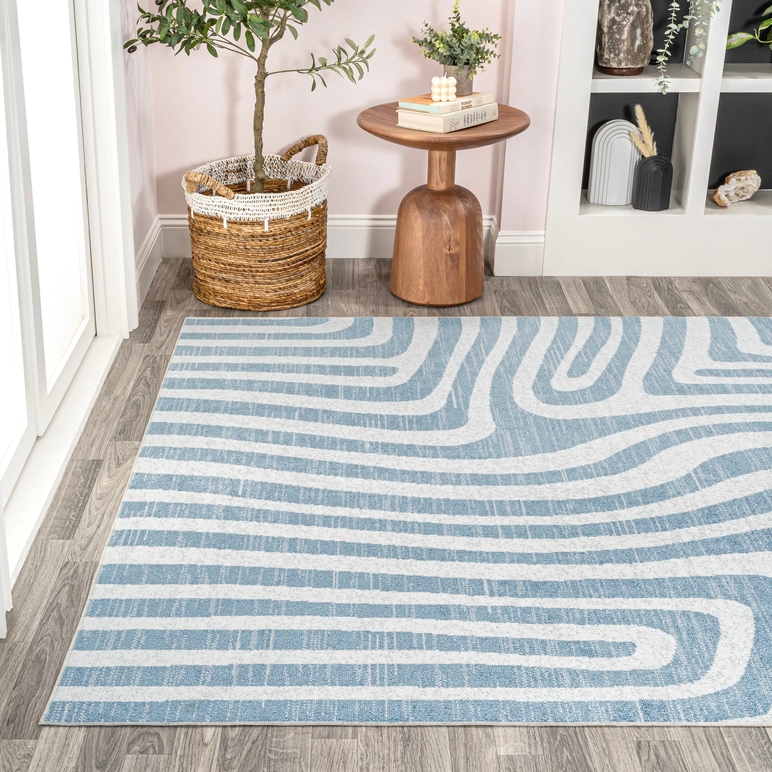 JONATHAN Y Kallax Abstract Two-Tone Low-Pile Machine-Washable Blue/Cream Area Rug 4 X 6