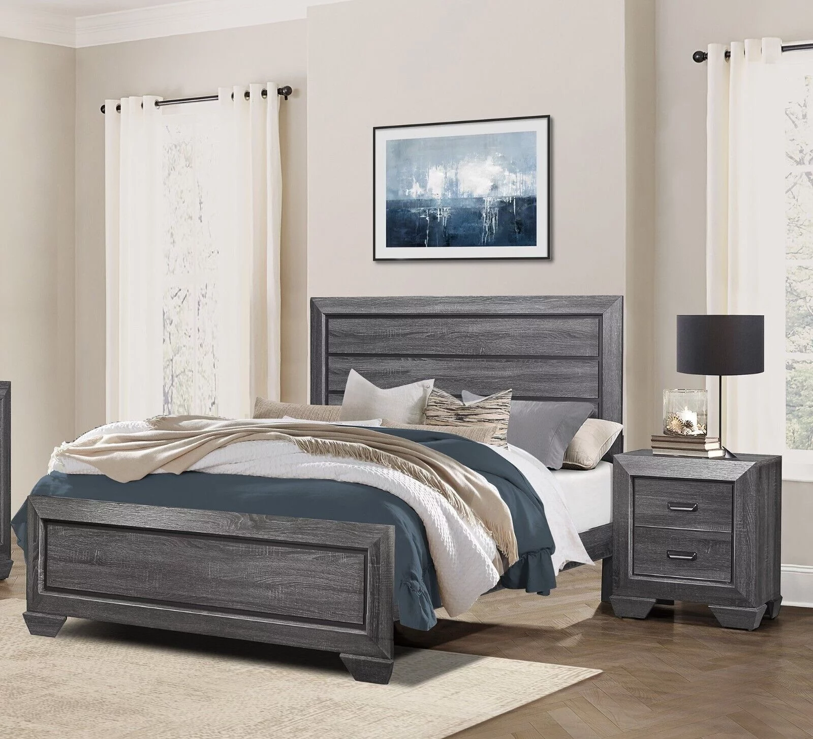 Contemporary 3pc Bedroom Set Gray Finish Queen Size Bed Nightstand Wooden Guest Bedroom Furniture