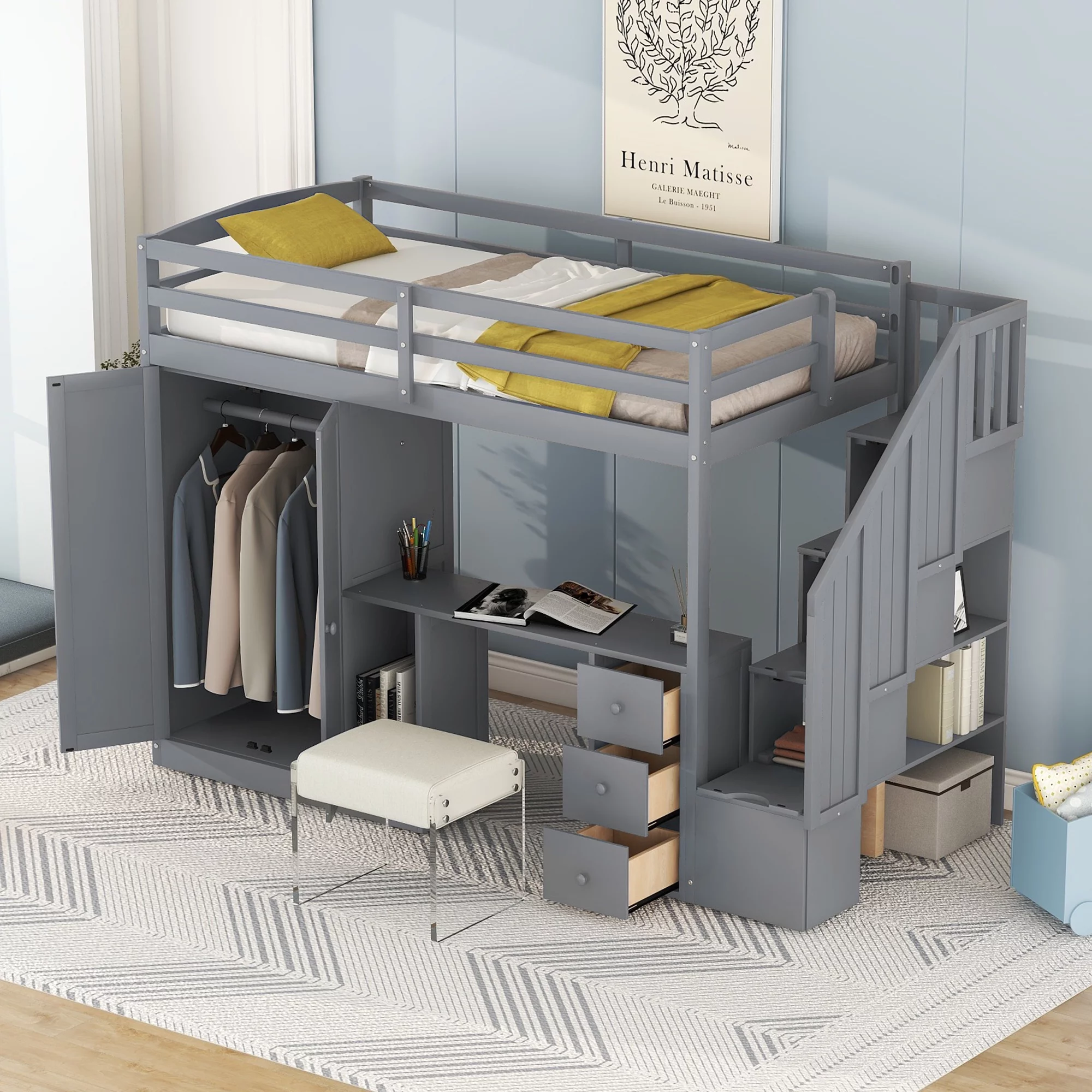 Bellemave Twin Size Loft Bed with Wardrobe and Staircase, Desk and Storage Drawers and Cabinet, Wood All-In-One Loft Bed Frame for Kids, Teens (Gray)