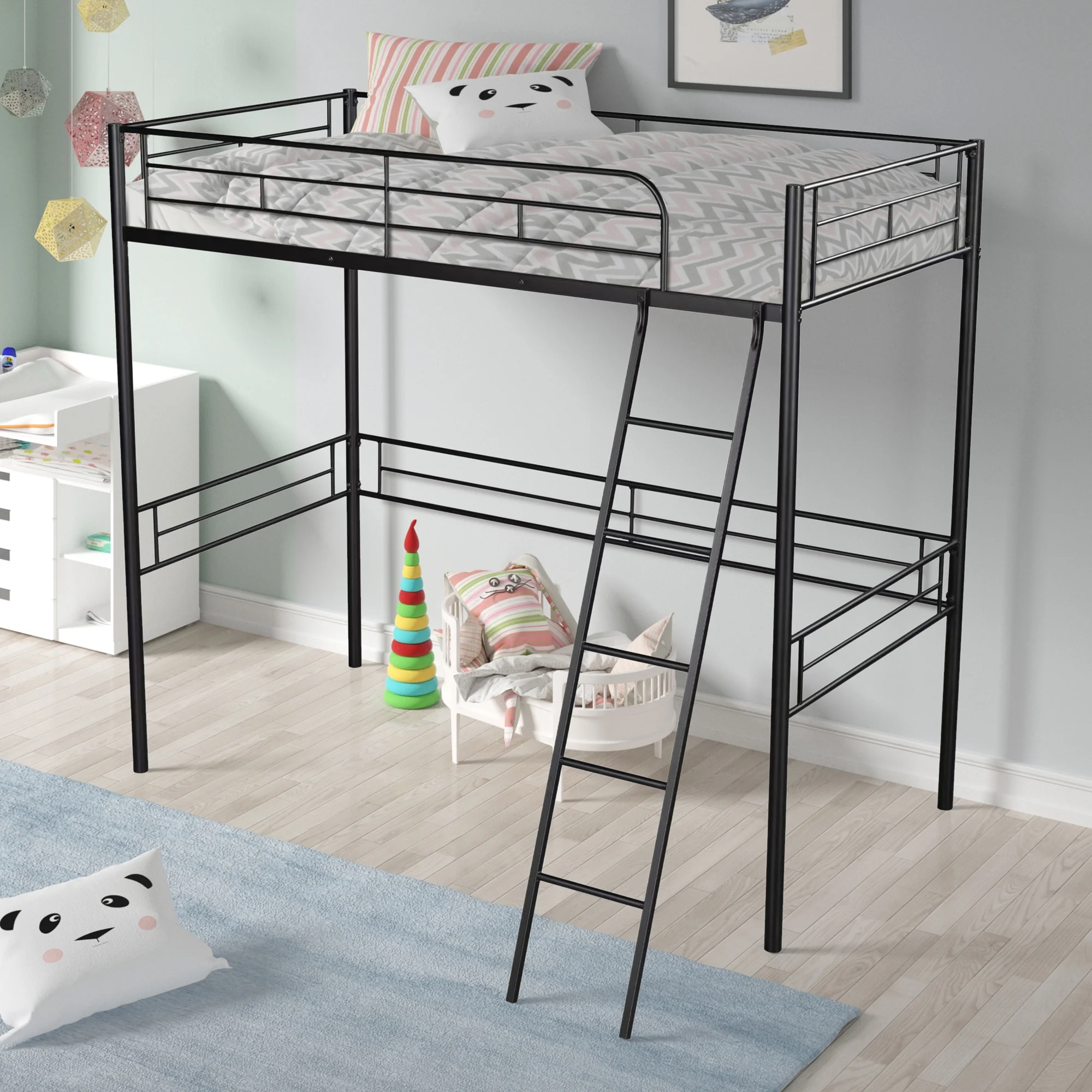 Gewnee Metal Full Size Loft Bed with Ladder and Guardrail for Kids, Black