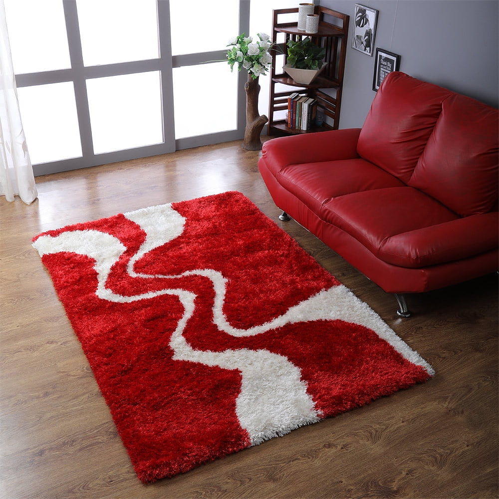 RUGSOTIC CARPETS HAND TUFTED SHAG POLYESTER ECO-FRIENDLY AREA RUGS - 8'x10', Rectangle, Red White, Plain Solid Design, High Pile Thick Handmade Anti Skid Area Rugs for Living Room, Bed Room K00111