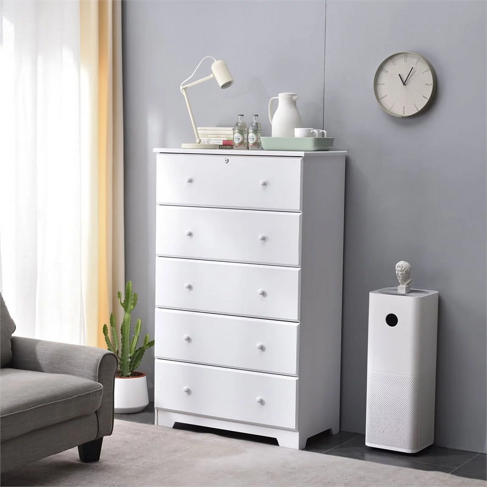 Kingfisher Lane Contemporary Solid Pine Wood 5 Drawer Dresser in White
