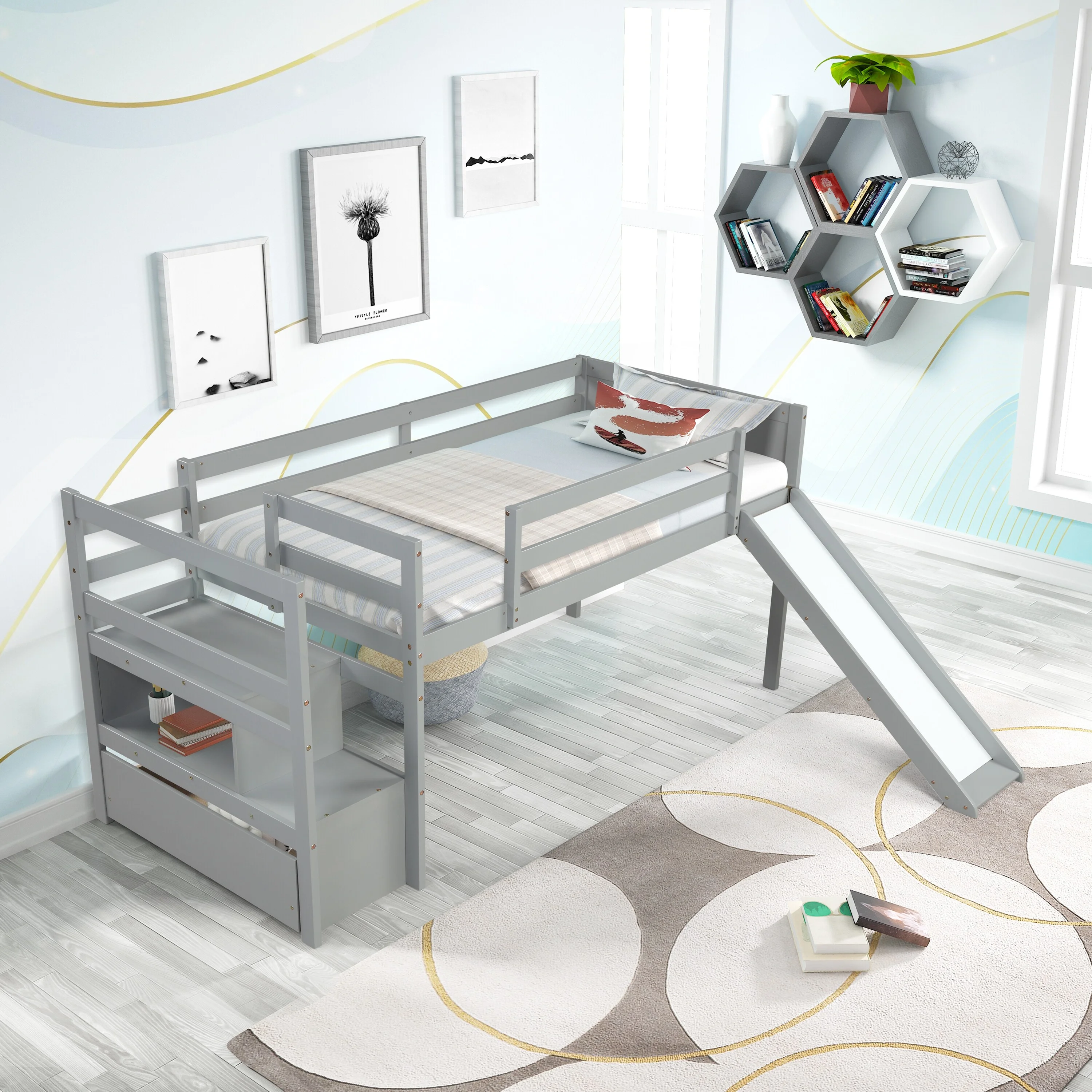 YJTONWIN Low Loft Twin Bed with Slide and Stairs with Storage for Kids Teens