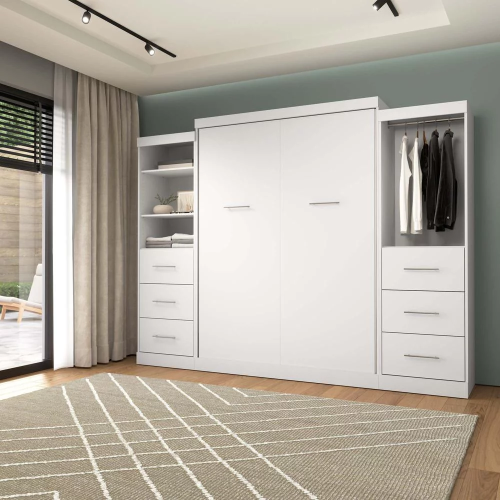Bestar Nebula Wood Queen Murphy Bed and Organizers w/ Drawers in White
