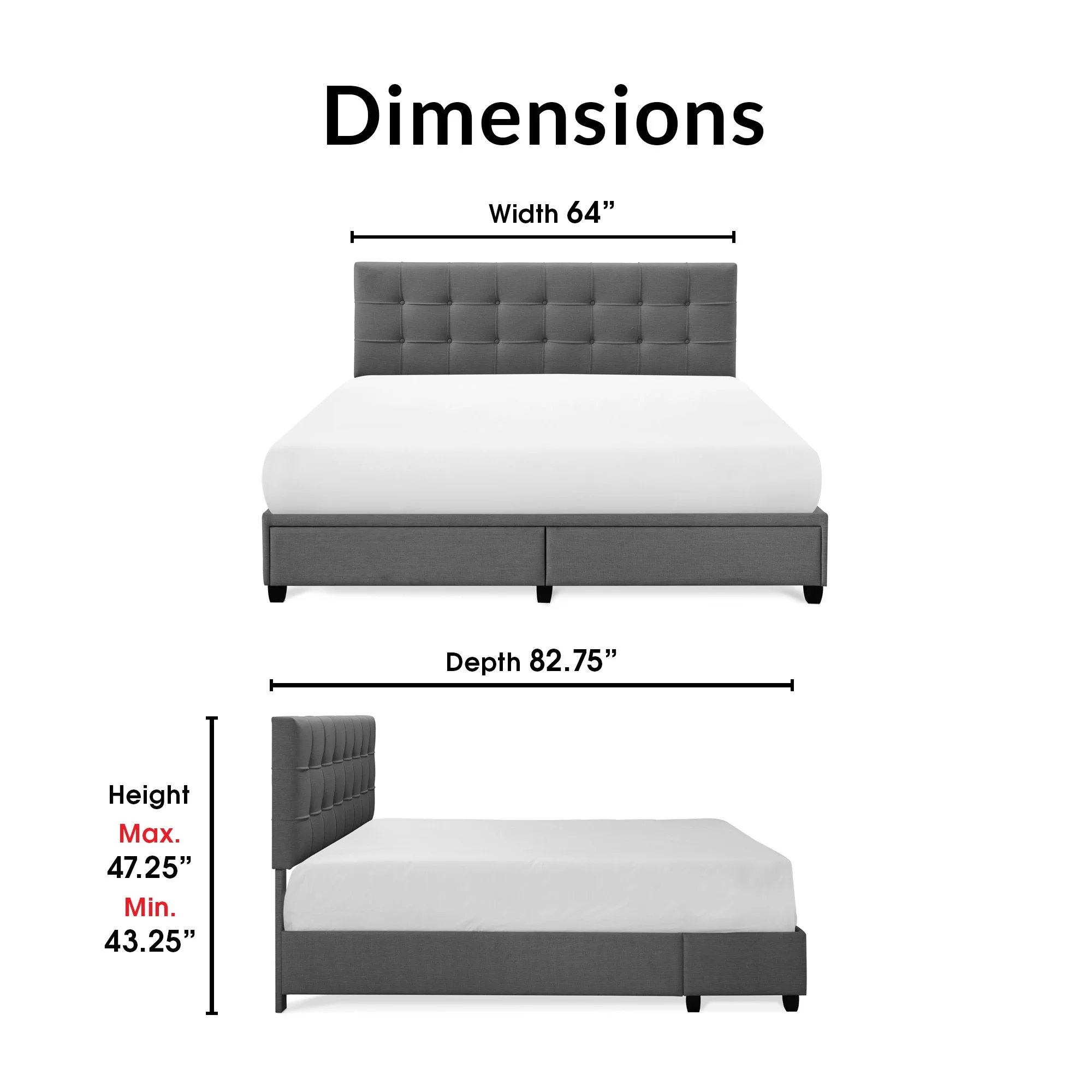 ClickDecor Edmond Storage Bed wAdjustable Height Headboard Queen Size Dark Gray