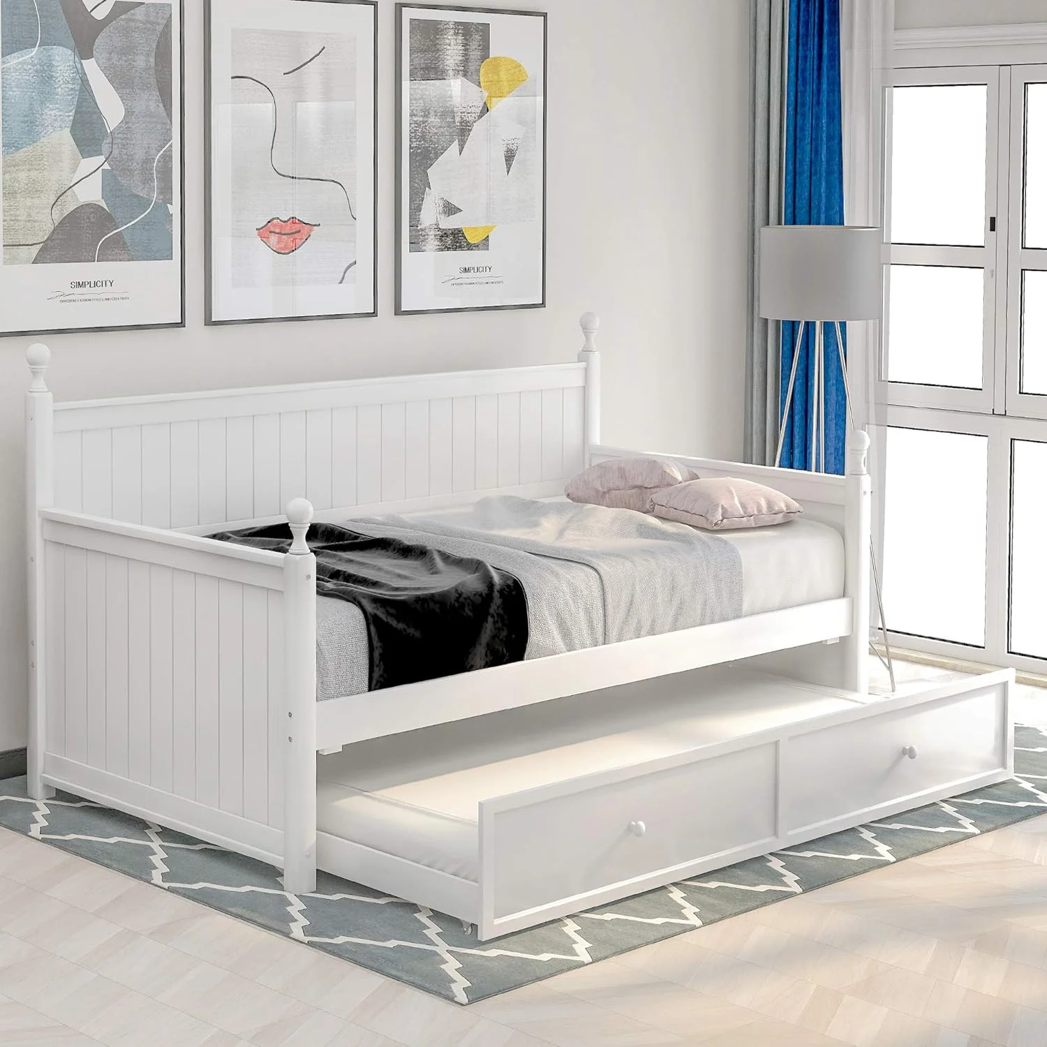 Daybed Wih rundle, Wood Size Daybed Frame, Sofa Bed For Bedroom Living Room, No Box Spring Required, Whie