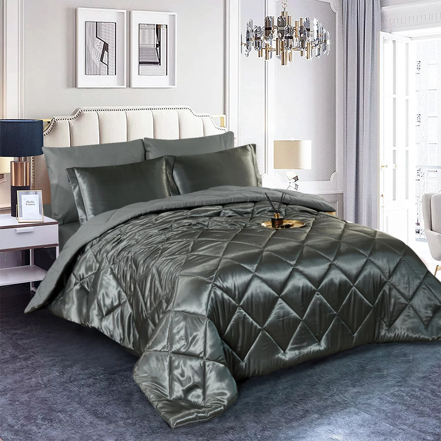 JML 8 Piece Silky Satin Bed in a Bag Comforter Set with Sheets, Cal King, Dark Grey, Solid Print
