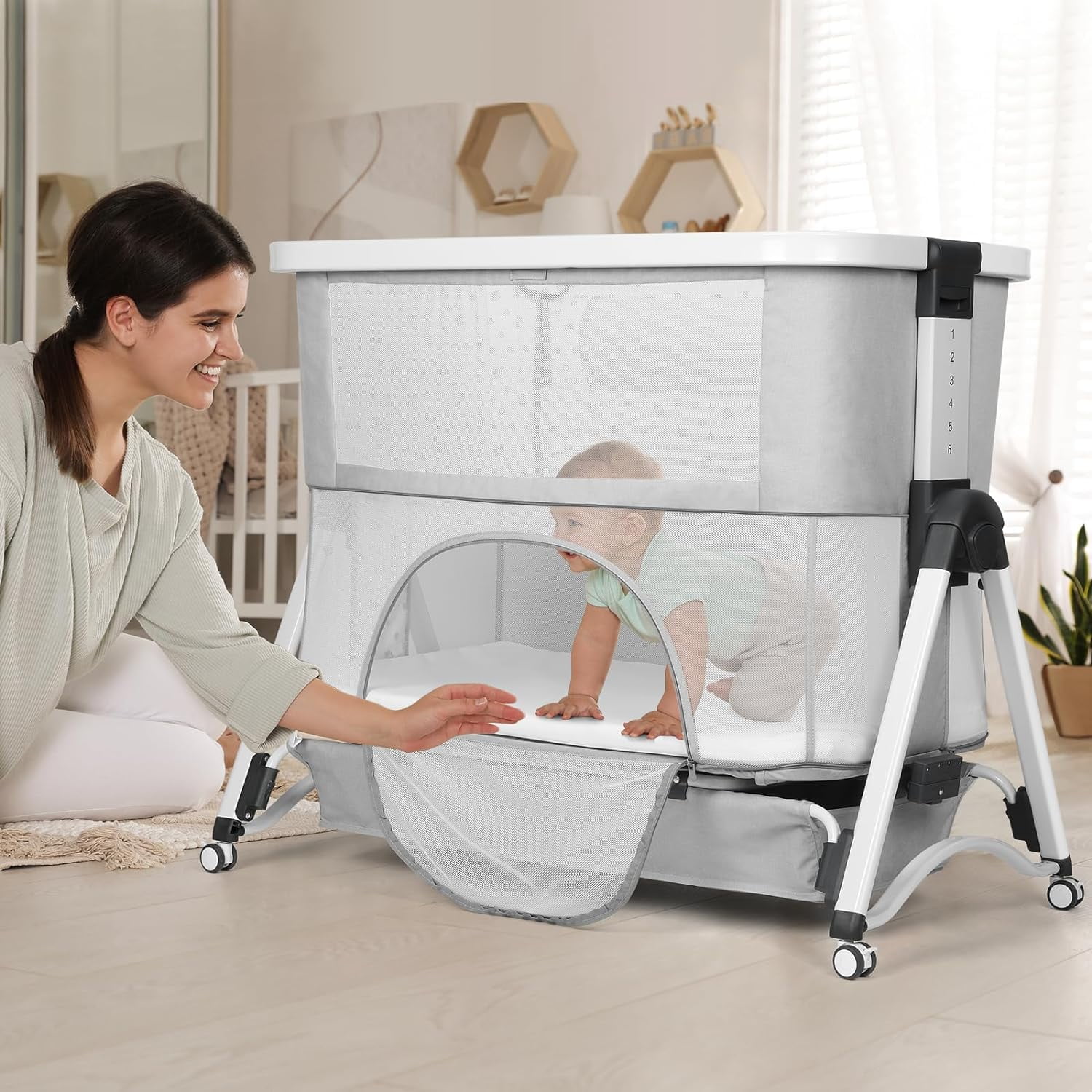 Cowiewie 3 in 1 Baby Bassinet Bedside Sleeper Playpen Cradle 6 Height Adjustable, Portable Travel Cot with Wheels, for Newborns Infants 0-18 Months, Light Gray