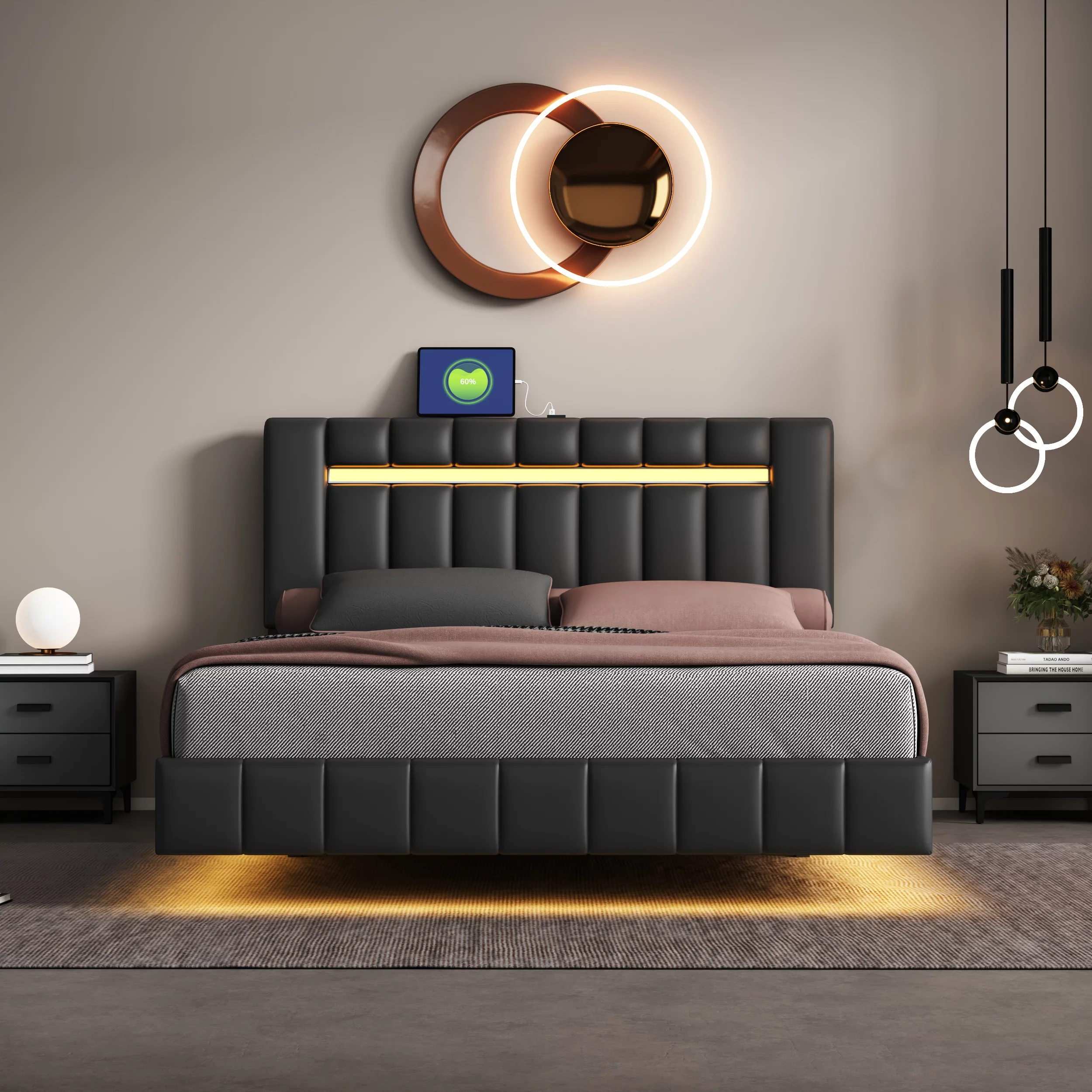 Bellemave Queen Size Floating Platform Bed with RGB LED Light and USB Charging Port PU Leather Upholstered Queen Bed Frame with Adjustable Headboard No Box Spring Needed (Queen,Black)
