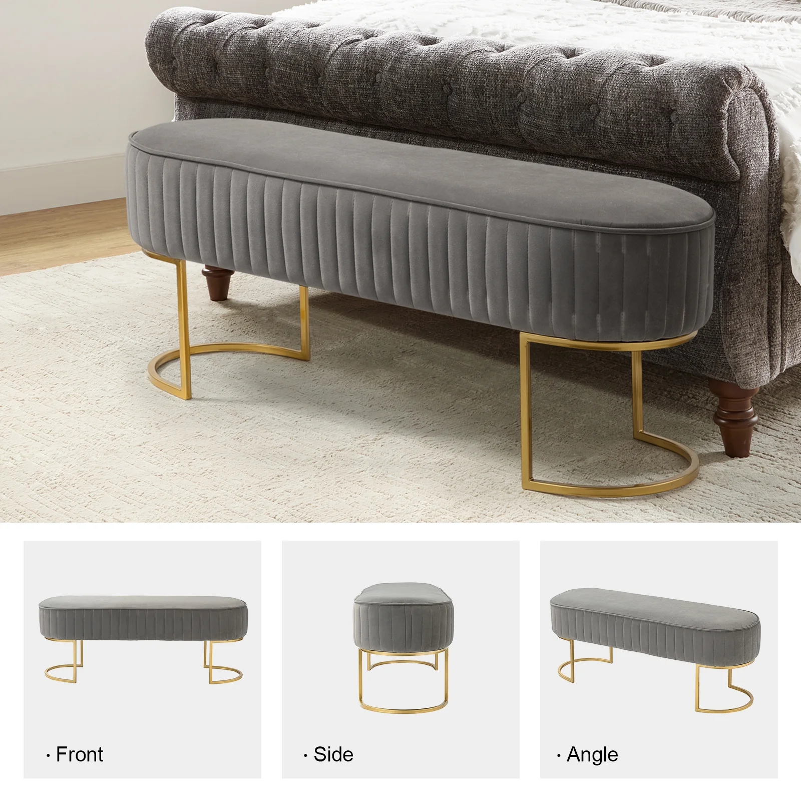 Velvet Upholstered Entryway Bench Bed Foot Stool with Horseshoe-shaped Metal Base Bedroom Grey