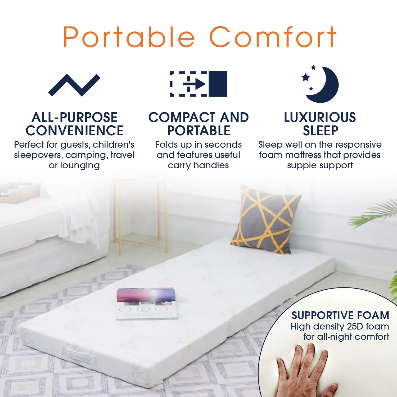 Cheer Collection Tri-Fold Futon Mattress for Guests with Soft Bamboo Washable Cover, 75