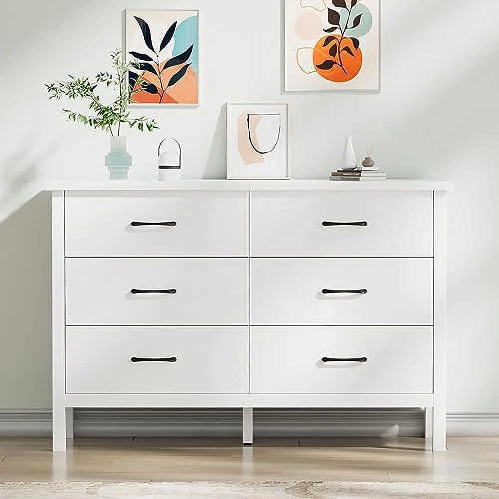 xrboomlife White Dresser for Bedroom 6 Drawer Dresser with Black Handles and Large Space Modern Dresser for Hallway\u2026