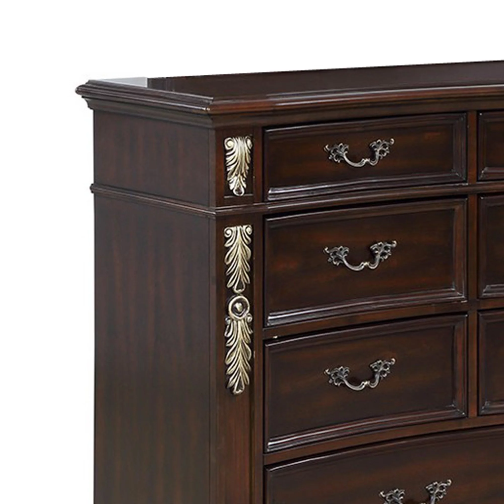 11 Drawer Wooden Dresser with Antique Metal Handles and Bun Feet, Brown