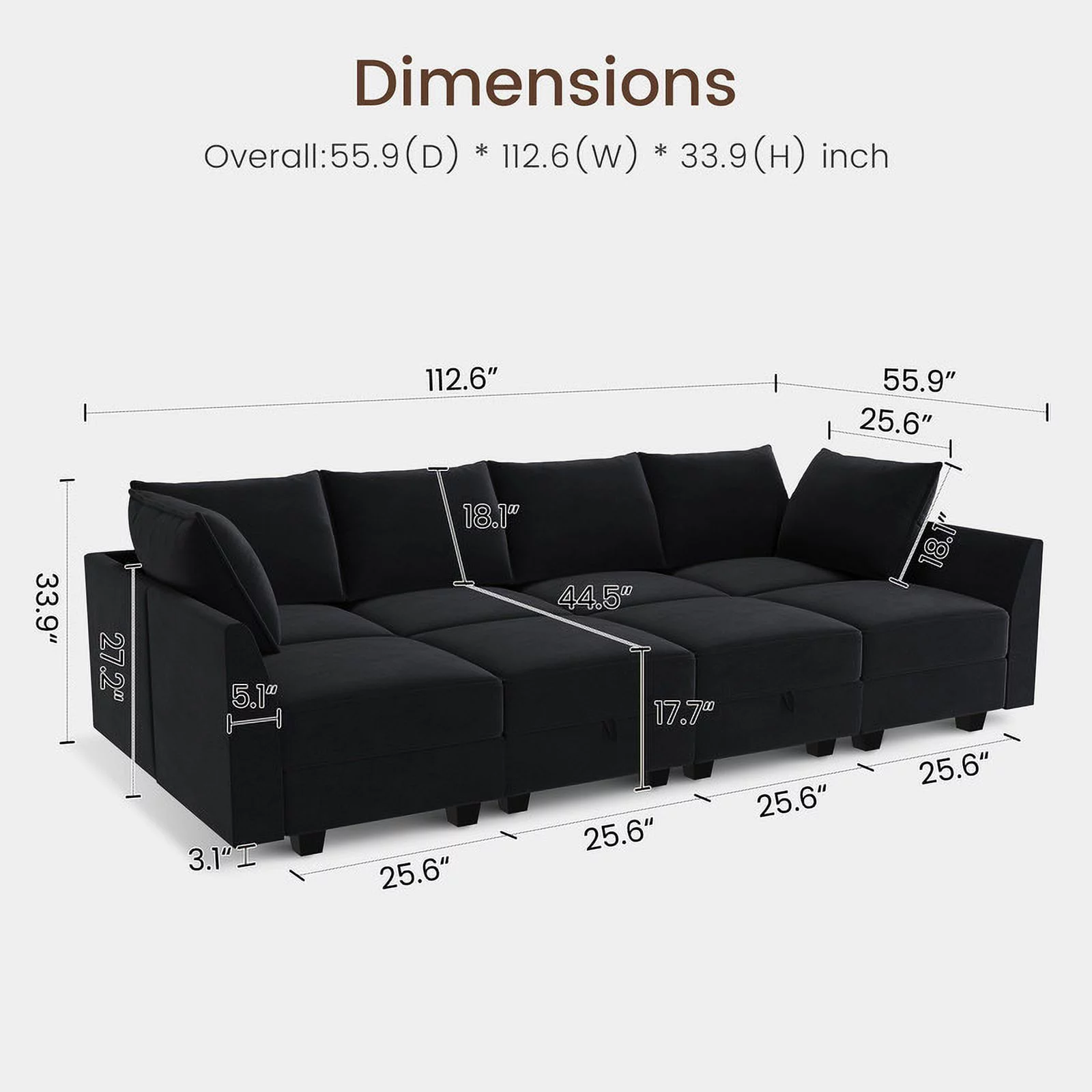 HONBAY Modern Upholstered Sofa Couch Bed with Movable Storage Ottoman for Apartment, Black