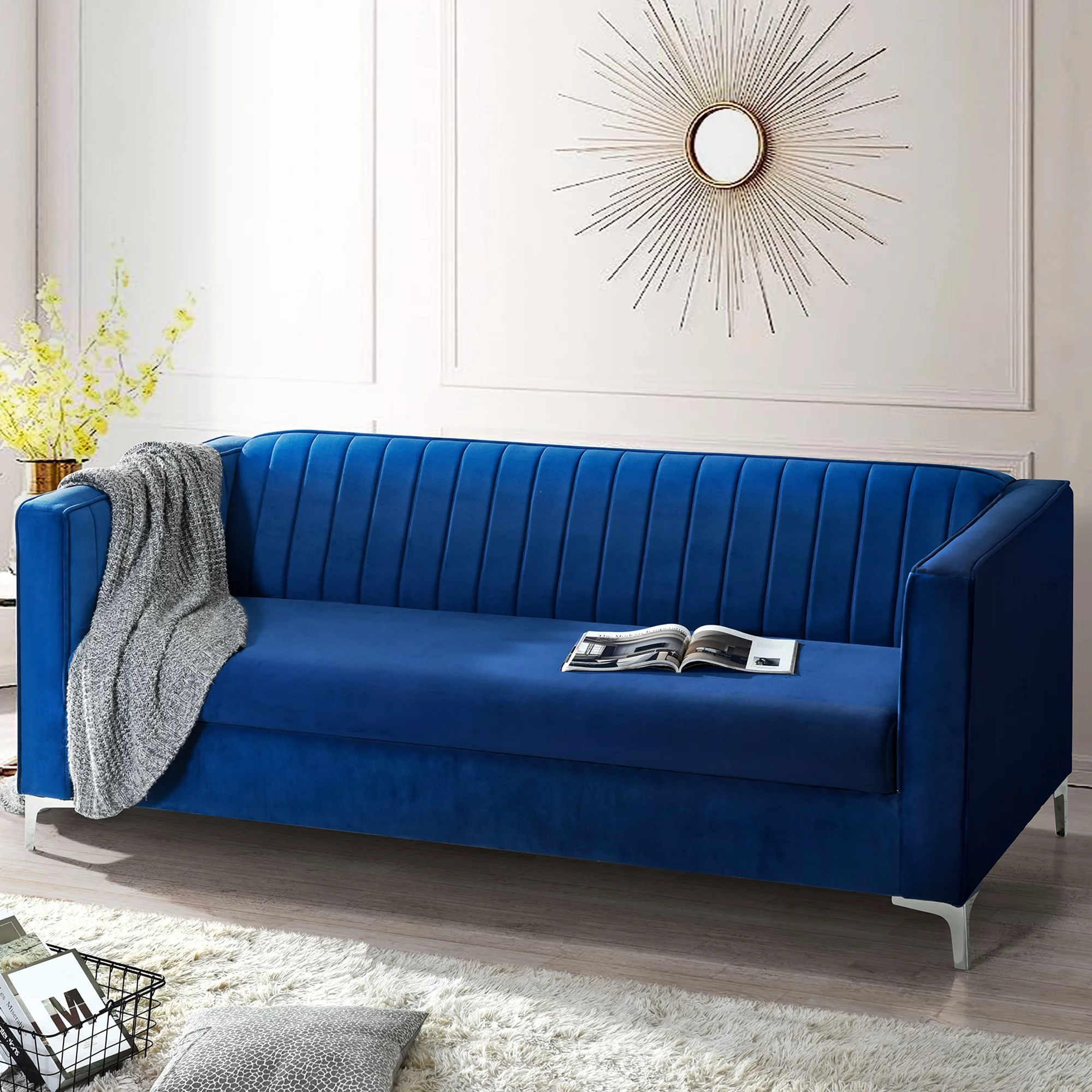 Mid-Century Modern Velvet Sofa, Upholstered Couch Loveseat with Metal Legs Removable Cushions for Living Room Bedroom Office