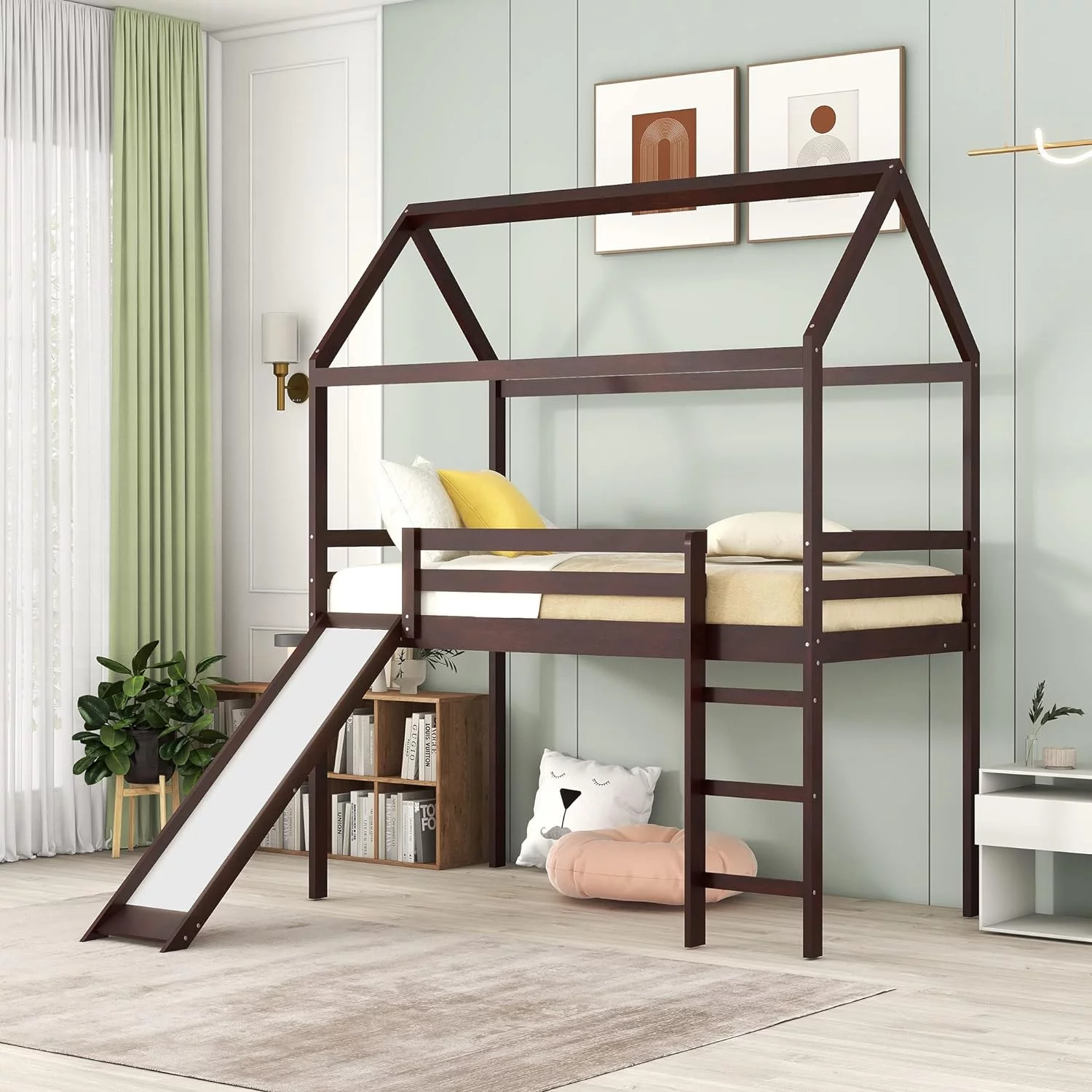 Full Size Loft Bed With Slide, Kids House Bed With Slide, Solid Wood Bed Frame For Girls & Boys, Gray