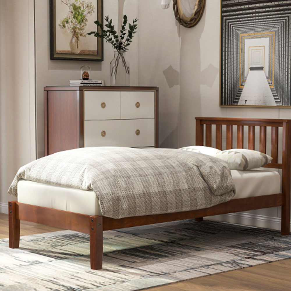 Wood Platform Bed with Headboard/Wood Slat Support,Twin - Walnut