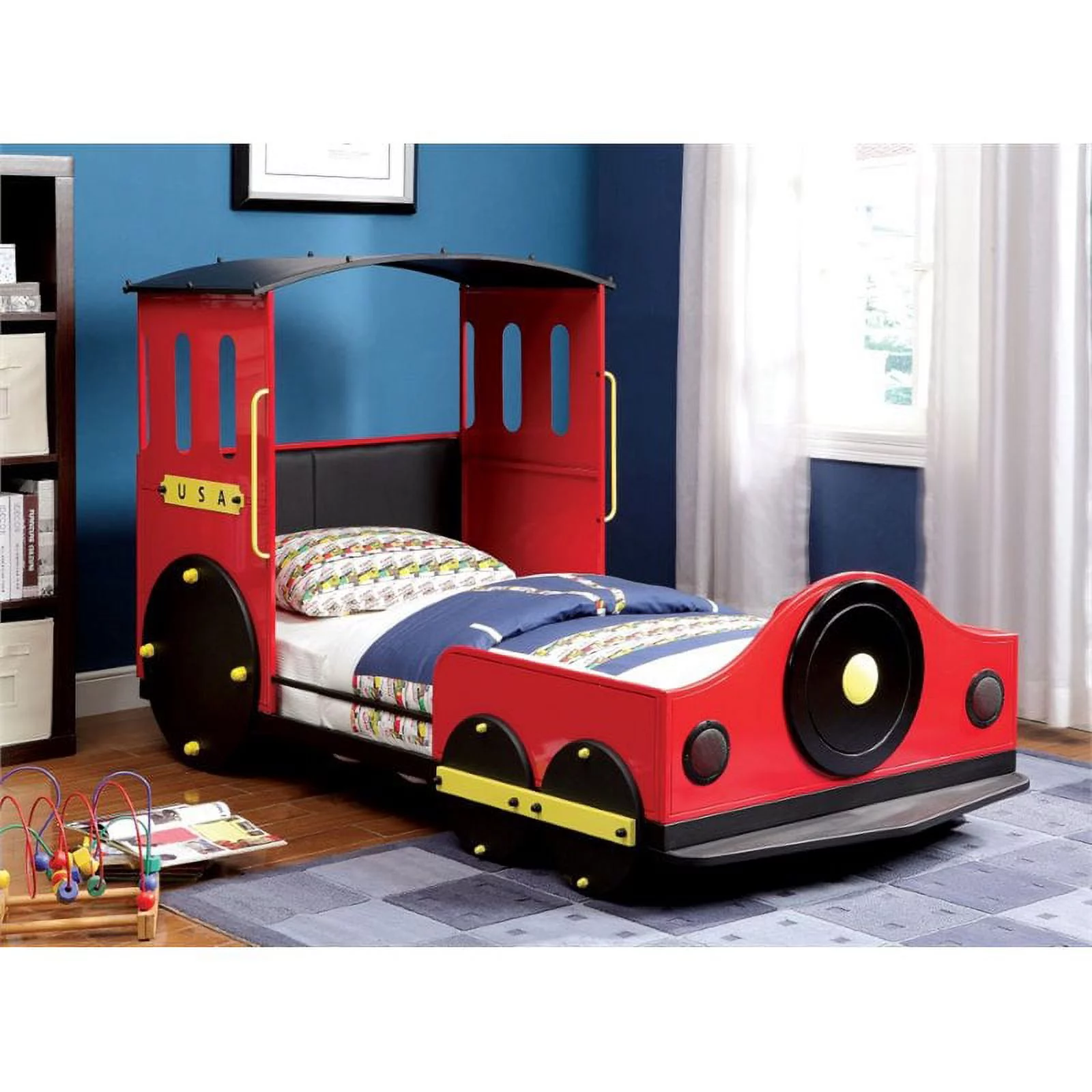 Furniture of America Eloy Novelty Metal Twin Train Bed in Red and Black