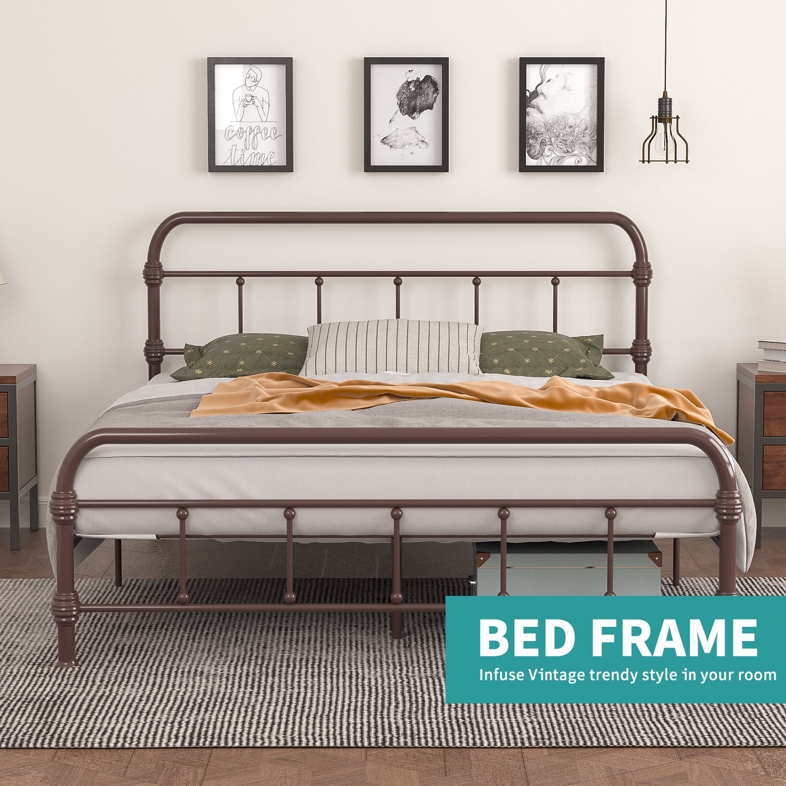 Bed Full Size Platform Metal Frame, with Vintage Headboard and Footboard, Antique Bronze Brown Baking Paint,,Full,Bronze …