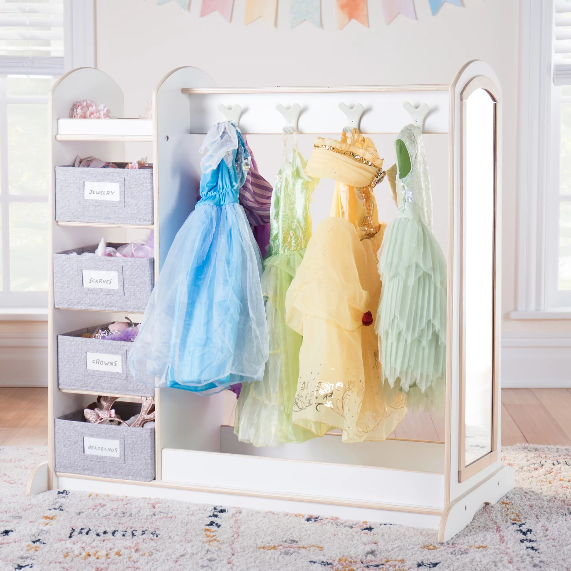 Guidecraft EdQ Dress-up Storage with Bins White: Dresser with Mirror and Safe Hooks, Storage Armoire for Kids - Costume Organizer, Children Playroom Furniture