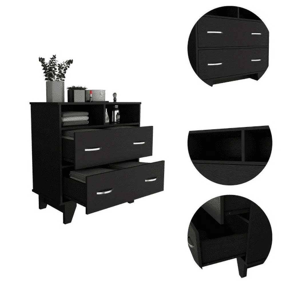 Two Drawer Dresser, Two Open Shelves, Superior Top, Four Legs -Black