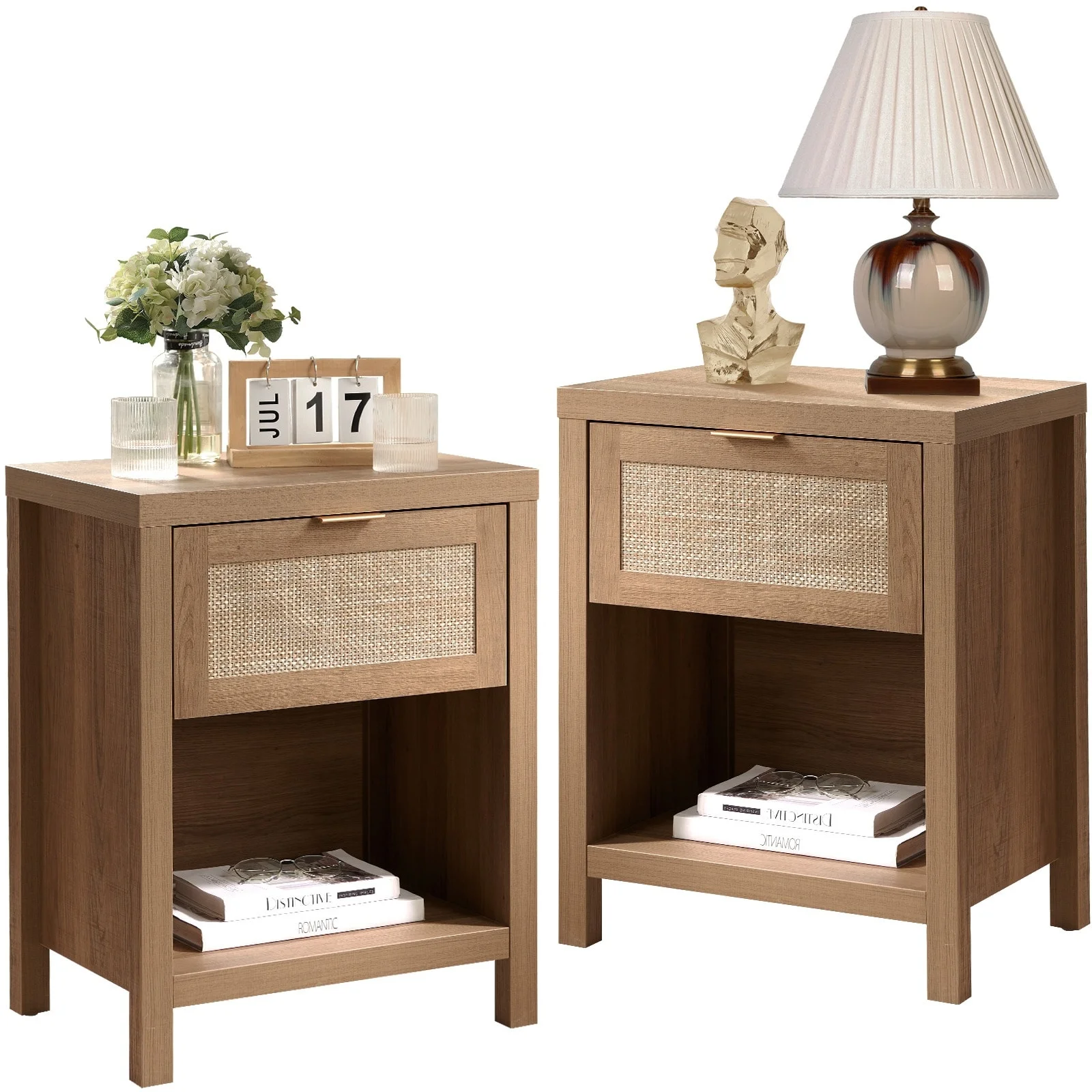 SICOTAS Farmhouse Rattan Nightstand Set of 2 with Drawer and Storage Shelf Oak