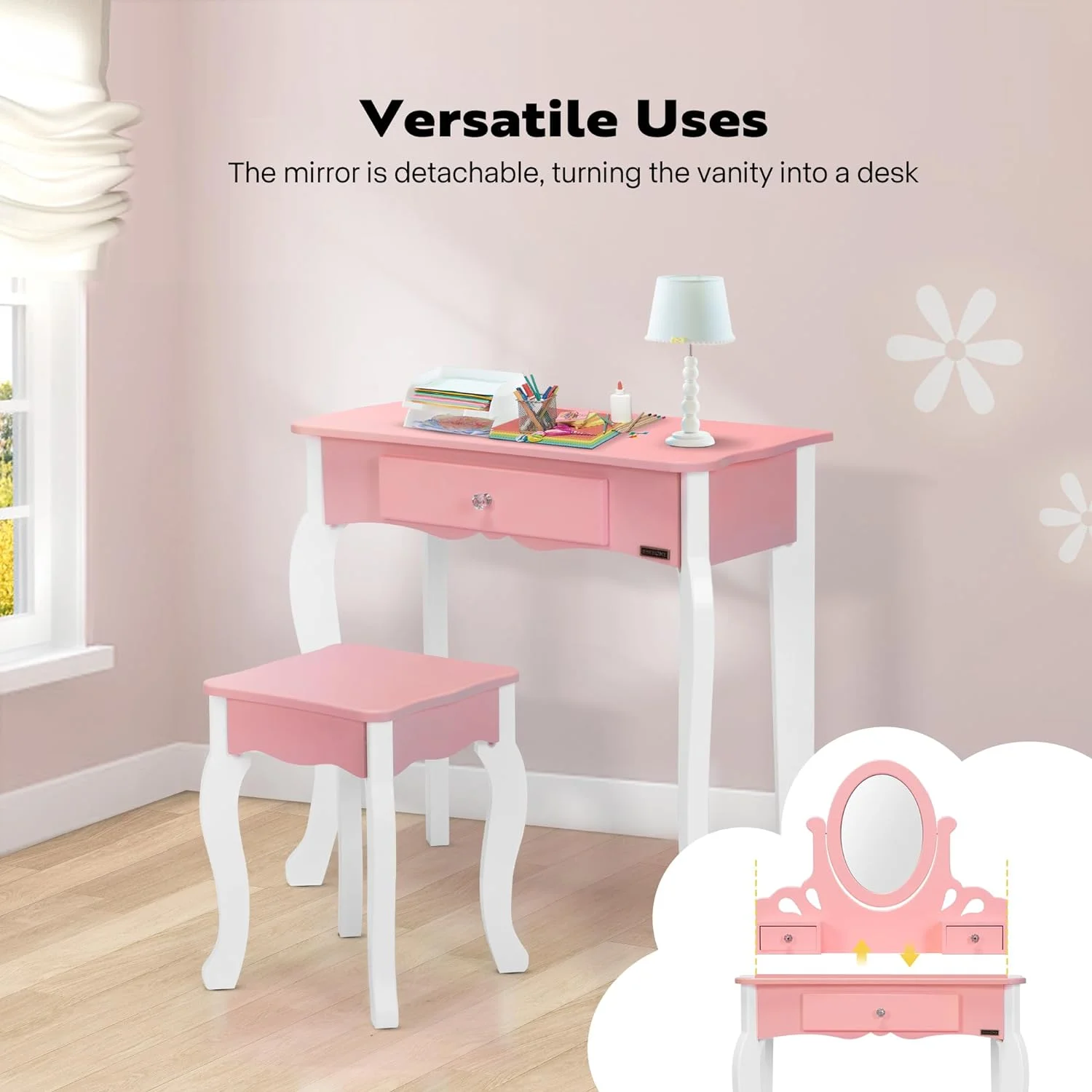 SPECSTAR Kids Vanity Set, Princess MDF Makeup Dressing Table with 360° Rotating Mirror and Drawers for Girls, Pink