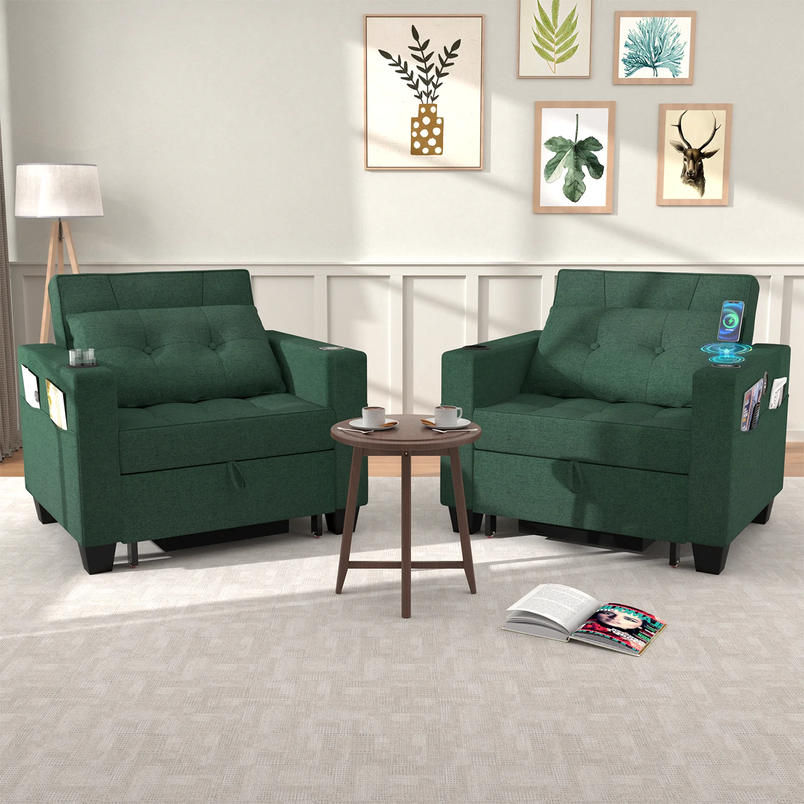 Belord 3-in-1 Sleeper Chair Bed, Pull Out Sofa Chair, Futon Couch Chair with Wireless Charging Base, USB & Type-C Ports, Convertible Sleeper Sofa Bed for Living Room, Green